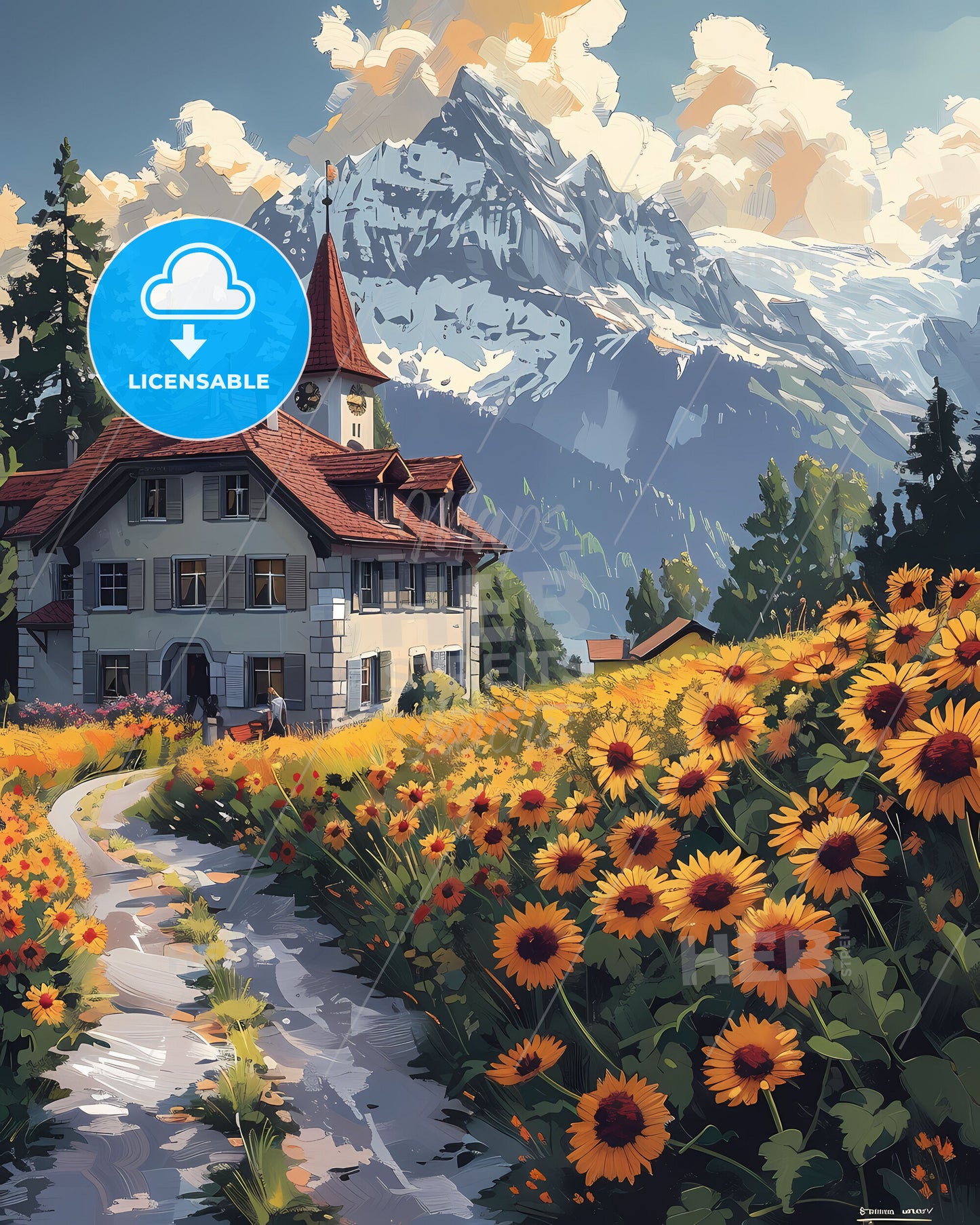 Colorful Abstract Landscape Painting: Field Flowers, Mountains, and House