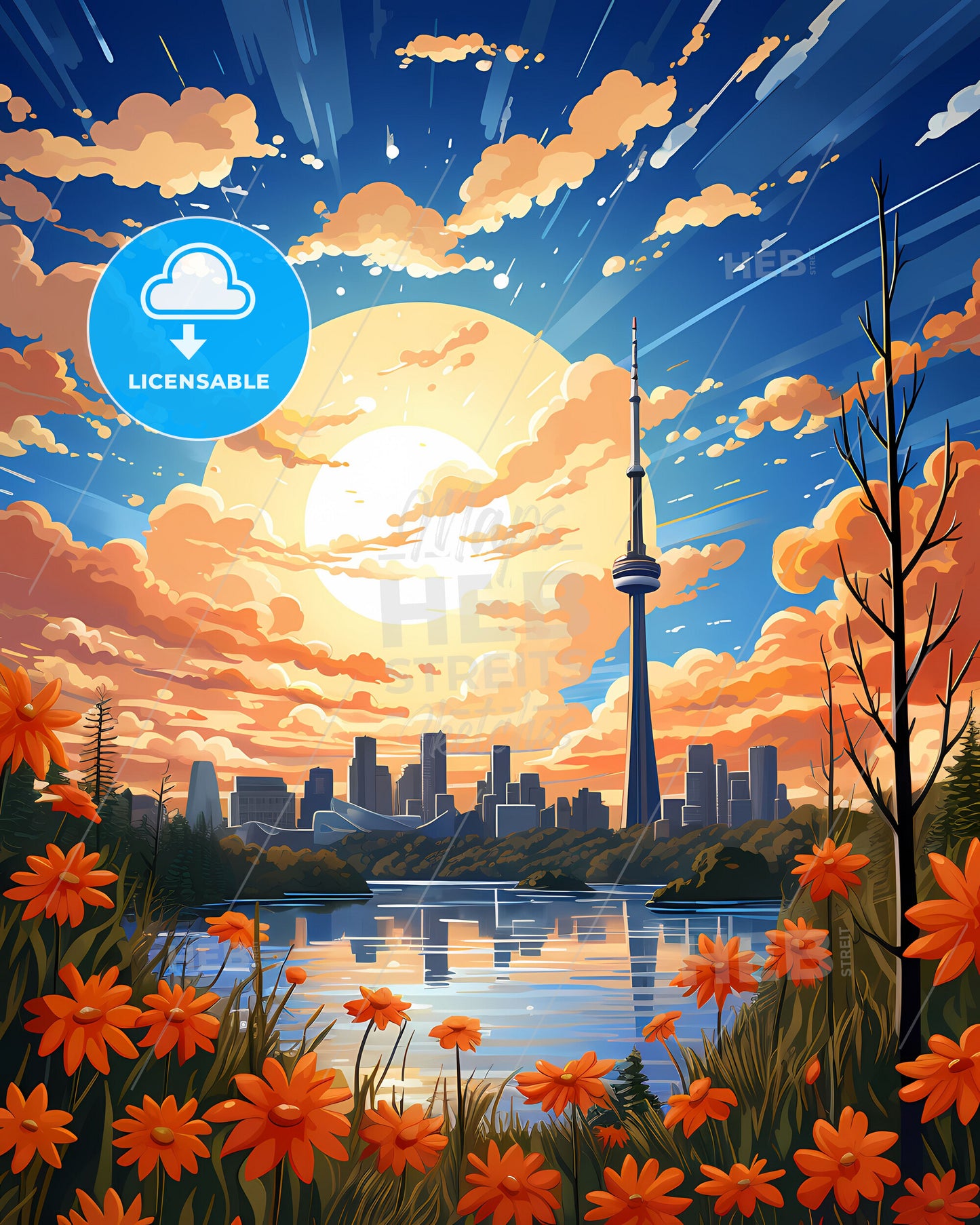 Sydney Skyline Cityscape Painting with Sun and Flowers Art