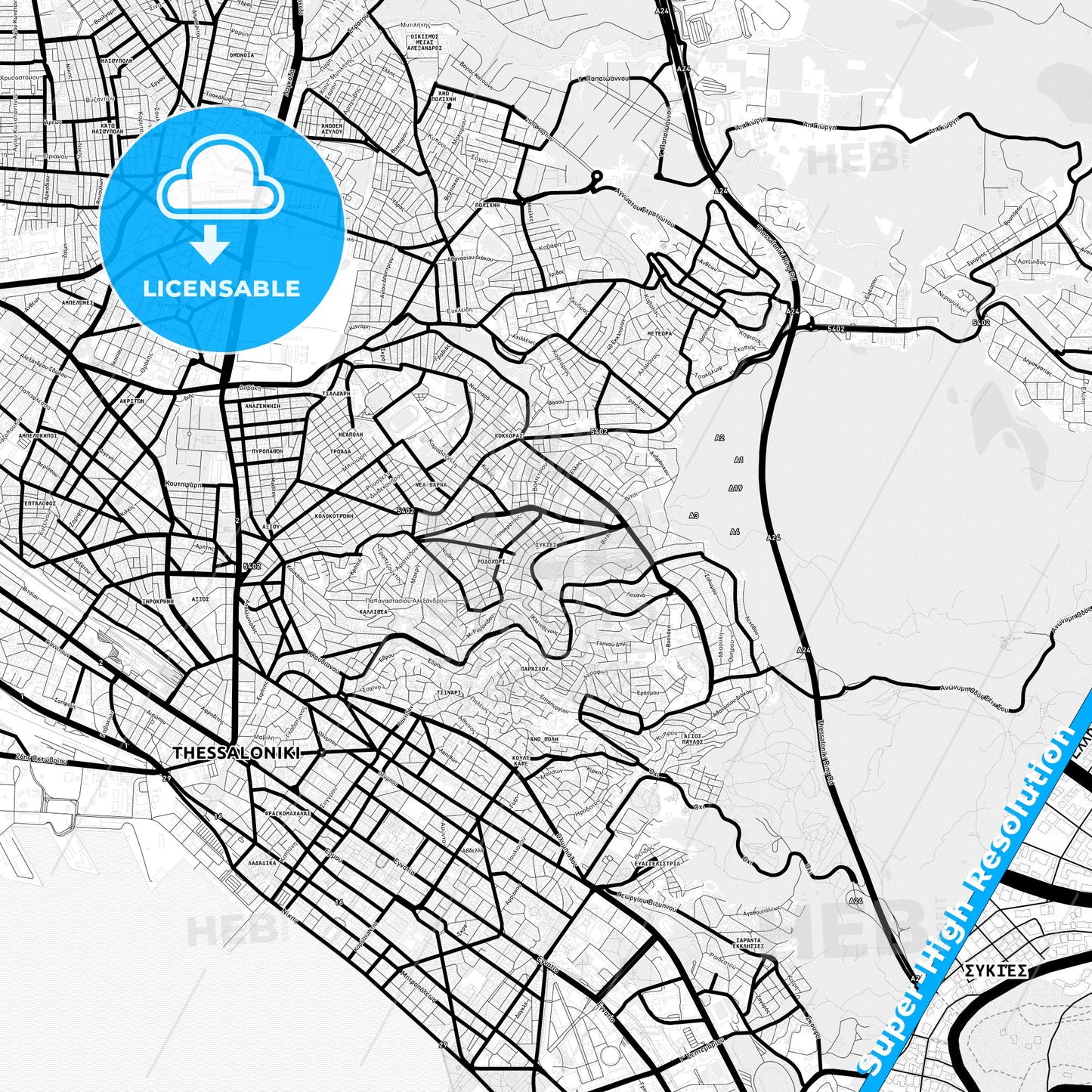 Sykies, Greece Light Map with Street Names, City Names, and Districts