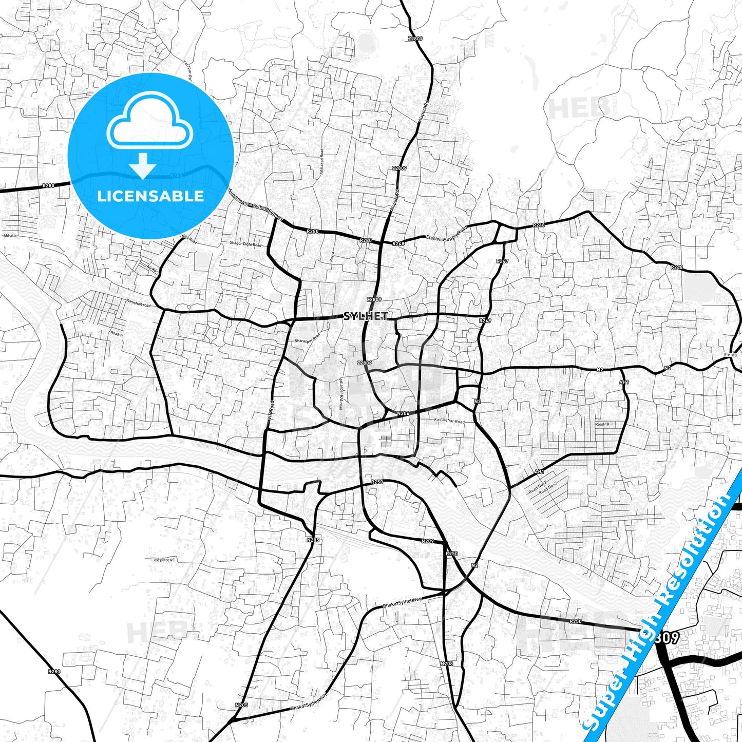 Sylhet, Bangladesh Light Map with Street Names, City Names, and Districts
