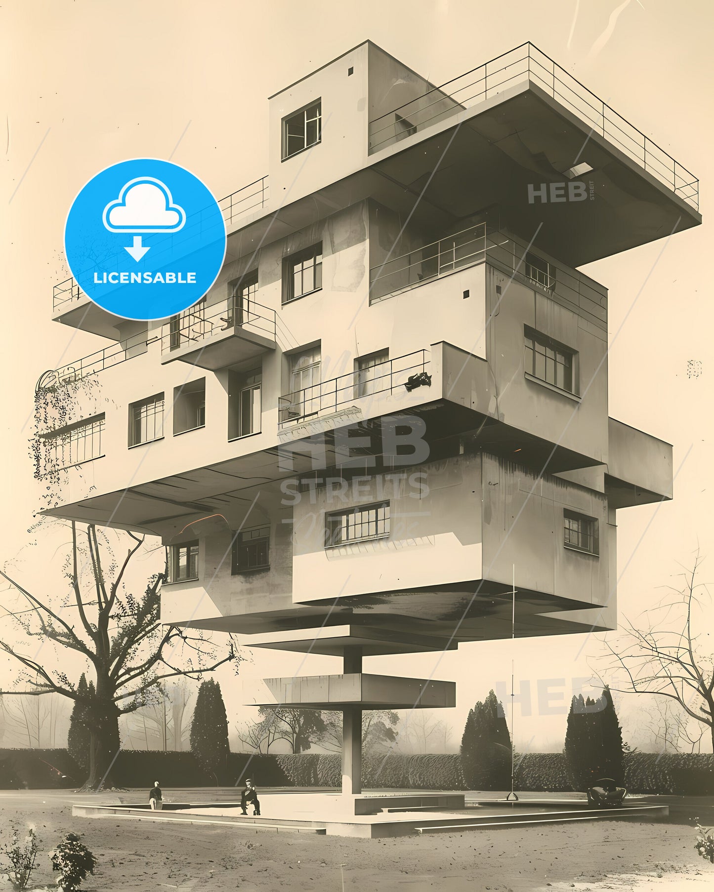 Bauhaus Style Vibrant Painting Floating Architecture Art Deco 1930s Symmetrical Design Duotone