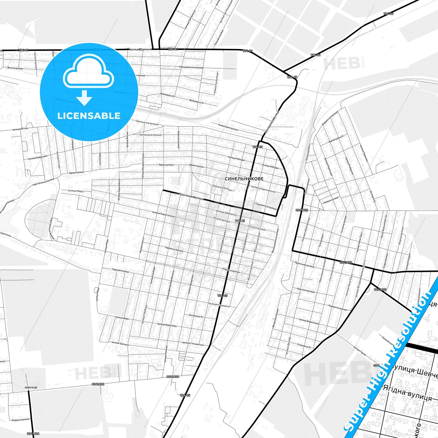 Synelnykove, Ukraine Light Map with Street Names, City Names, and Districts