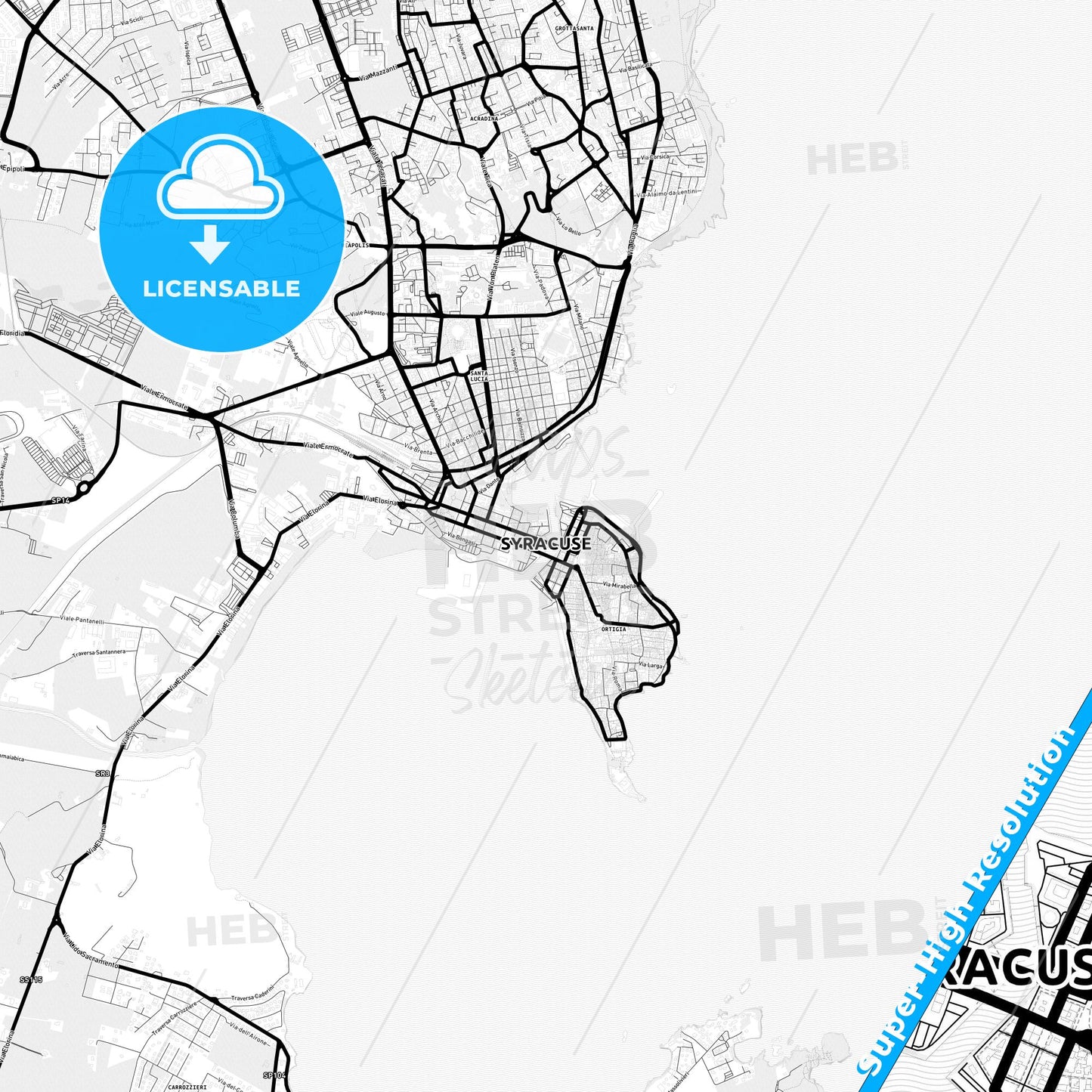 Syracuse, Italy Light Map with Street Names, City Names, and Districts