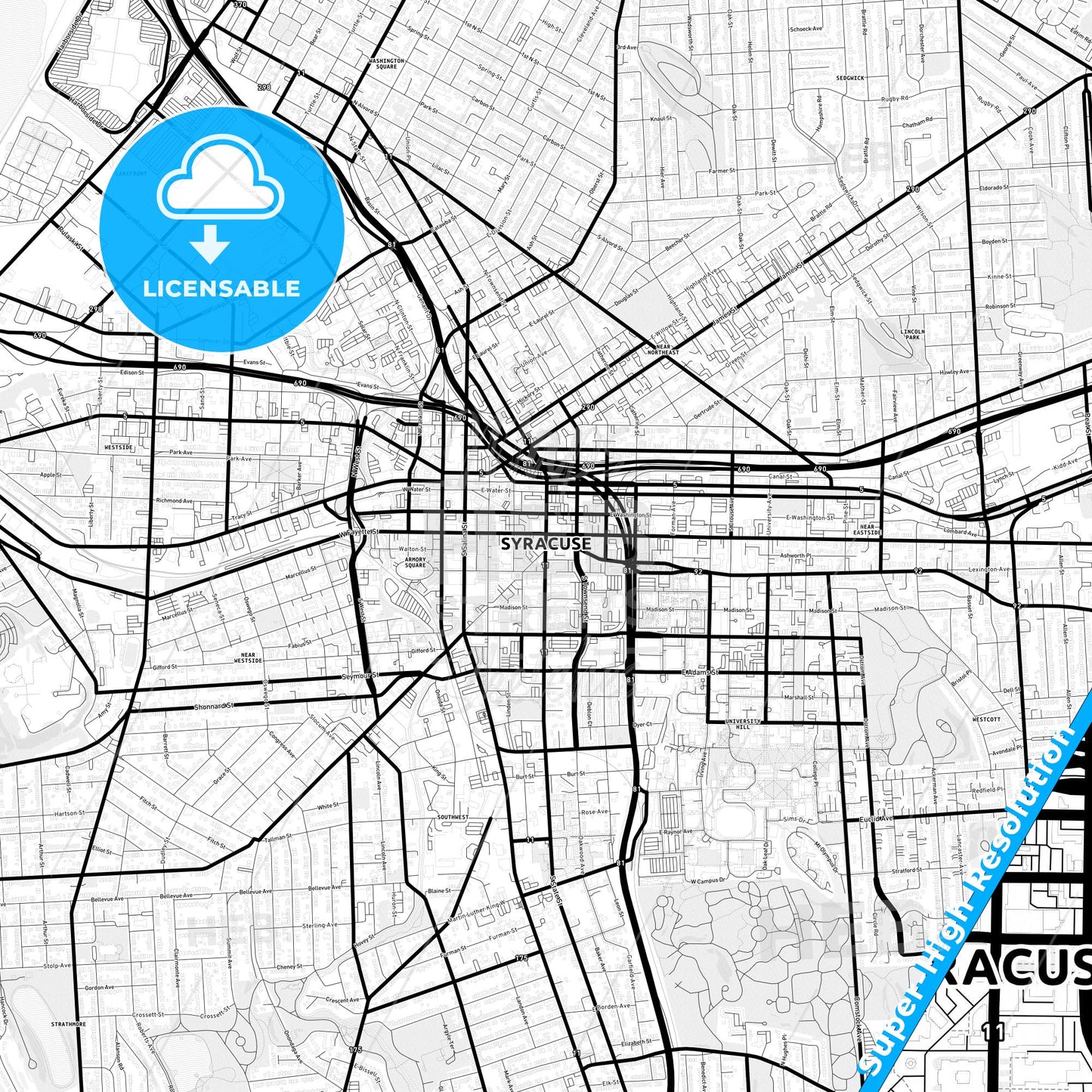 Syracuse, New York Light Map with Street Names, City Names, and Districts