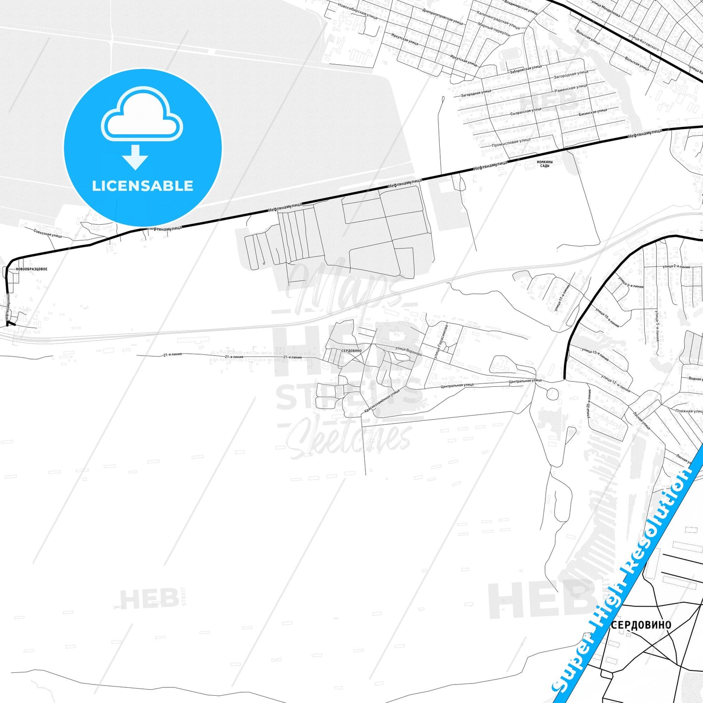 Syzran, Russia Light Map with Street Names, City Names, and Districts