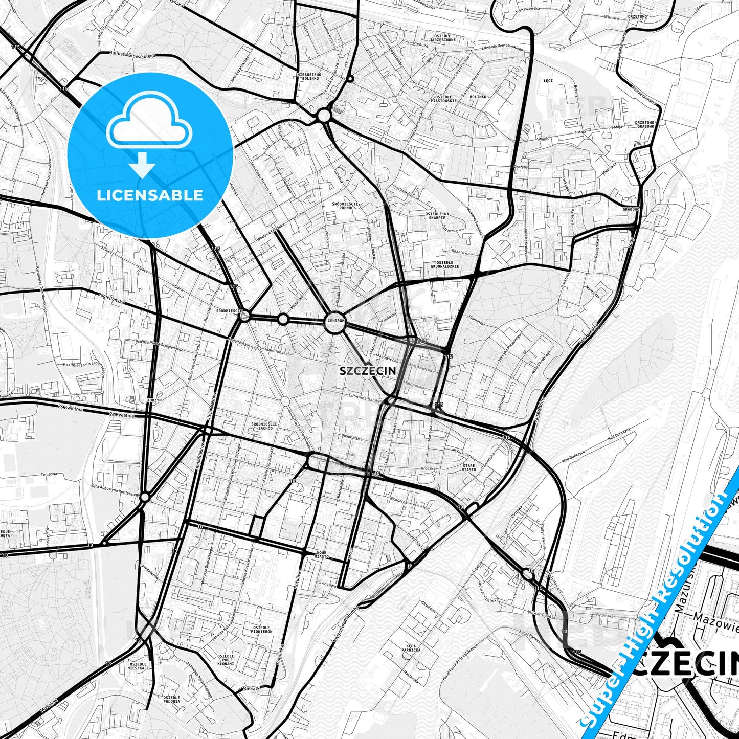 Szczecin, Poland Light Map with Street Names, City Names, and Districts