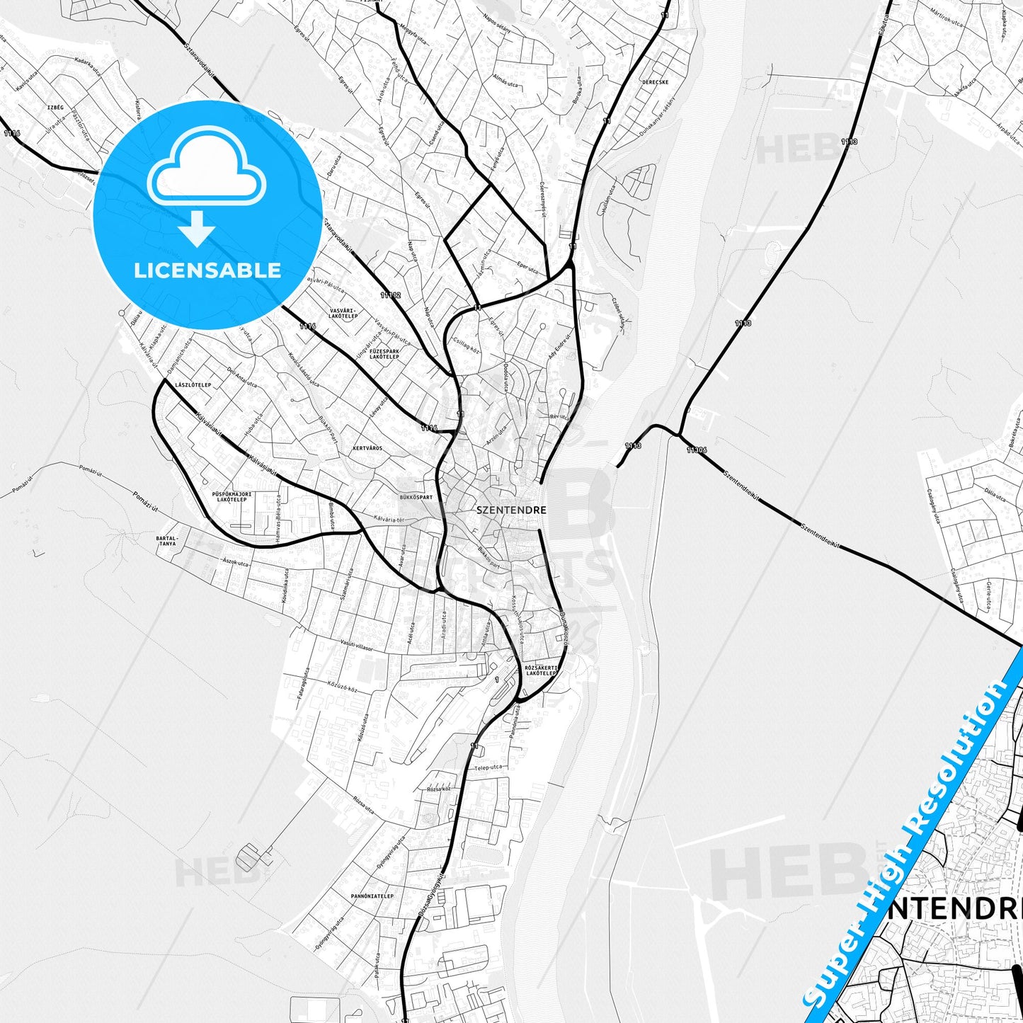 Szentendre, Hungary Light Map with Street Names, City Names, and Districts