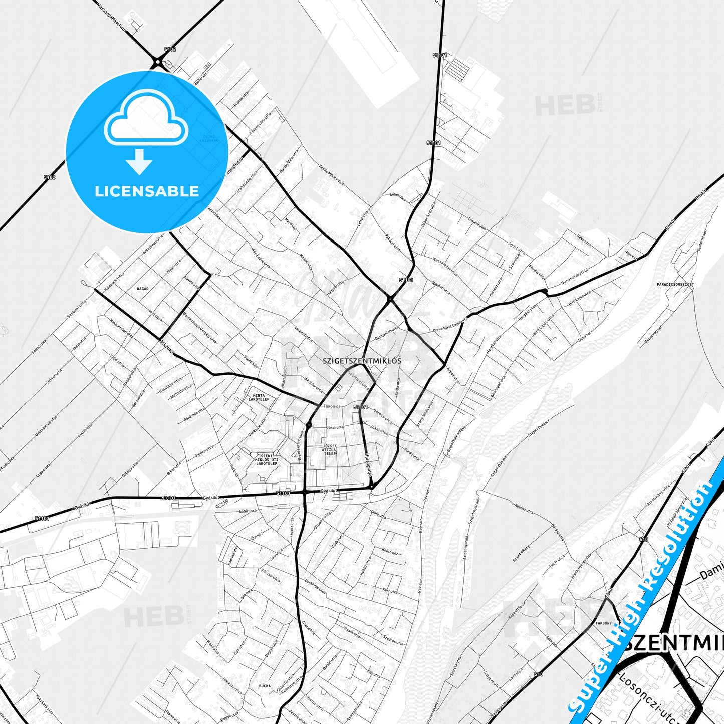 Szigetszentmiklós, Hungary Light Map with Street Names, City Names, and Districts