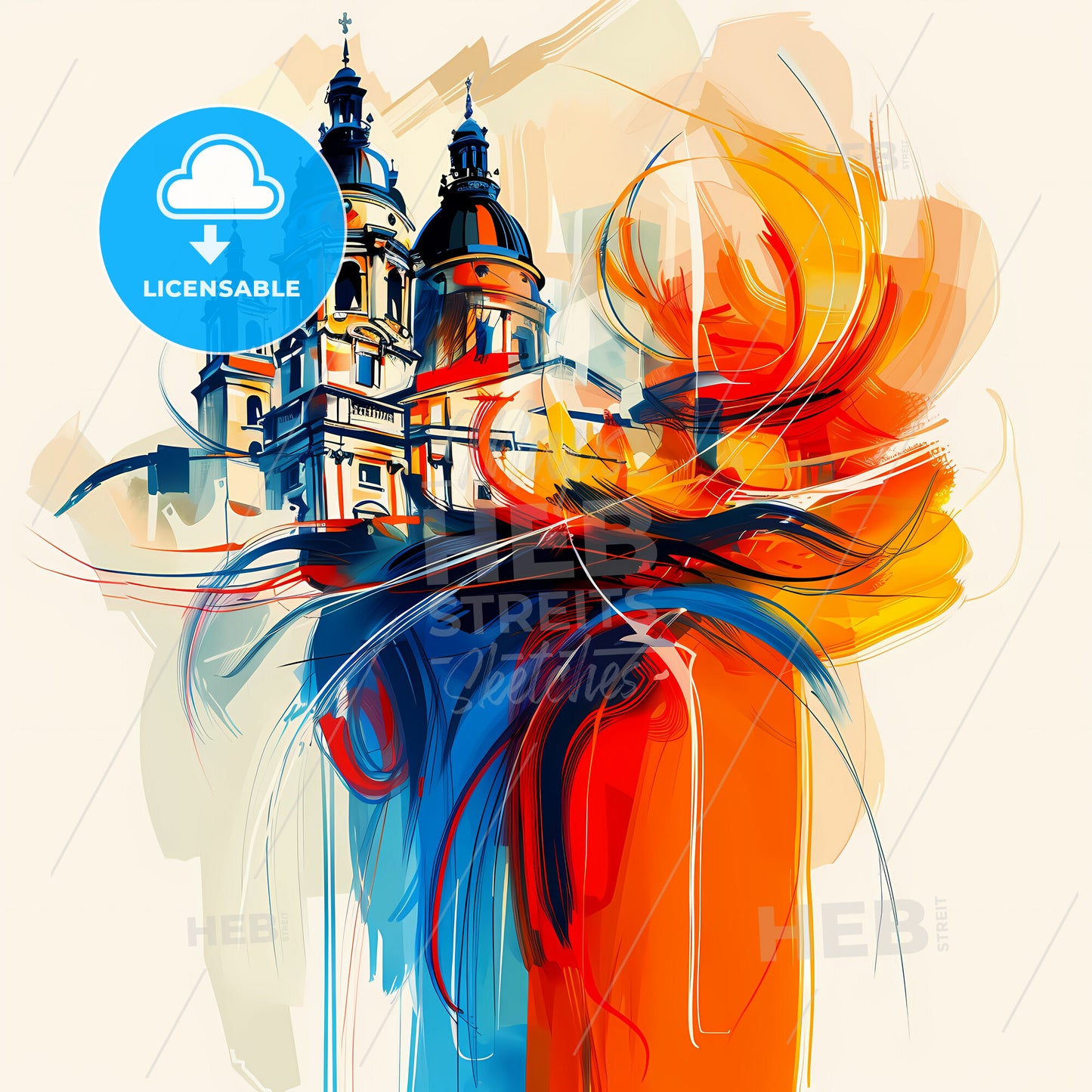 Vibrant Székesfehérvár, Hungary - A Painting Of A Building With Towers And A Colorful Swirl