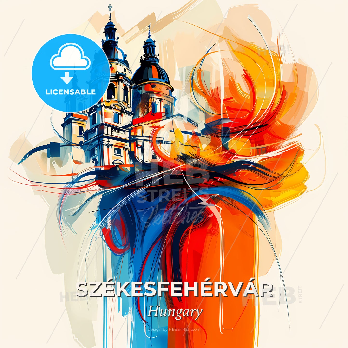 Vibrant Székesfehérvár, Hungary - A Painting Of A Building With Towers And A Colorful Swirl - Square format print template