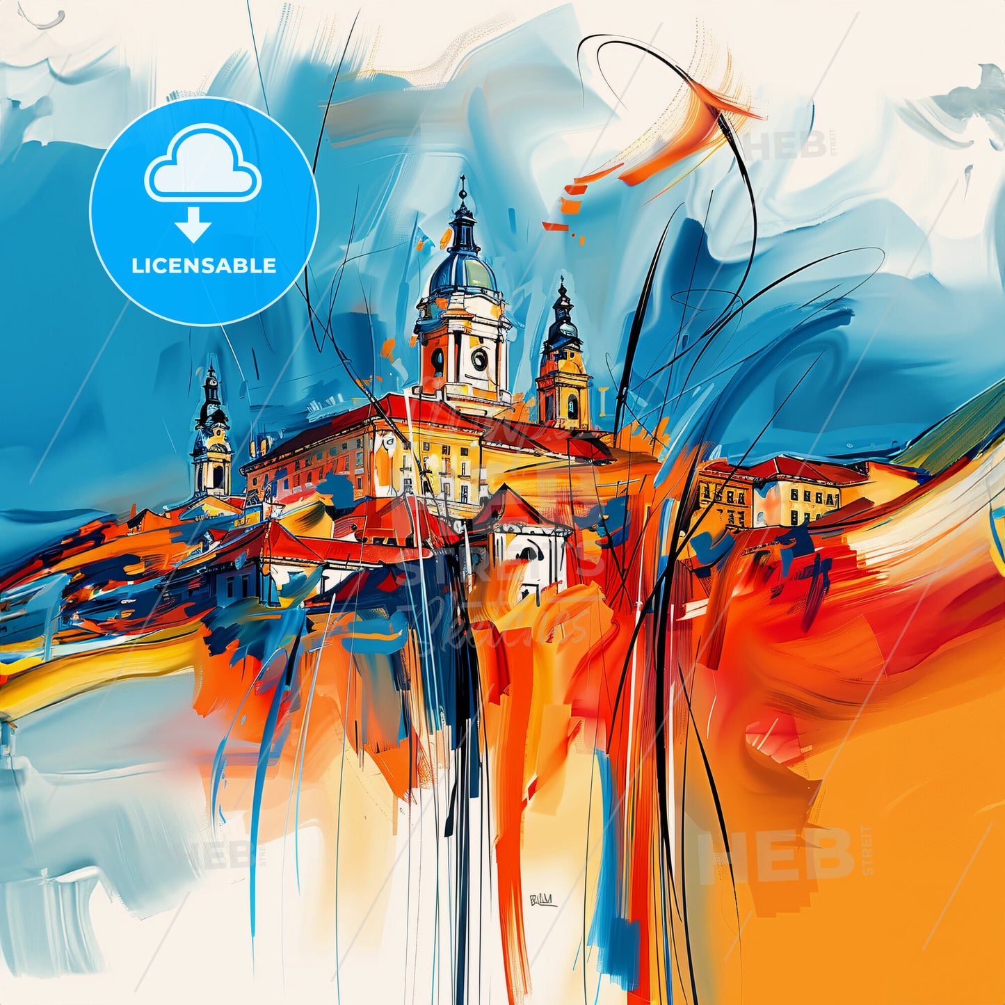 Vibrant Szolnok, Hungary - A Painting Of A Building With Towers And A Blue Sky