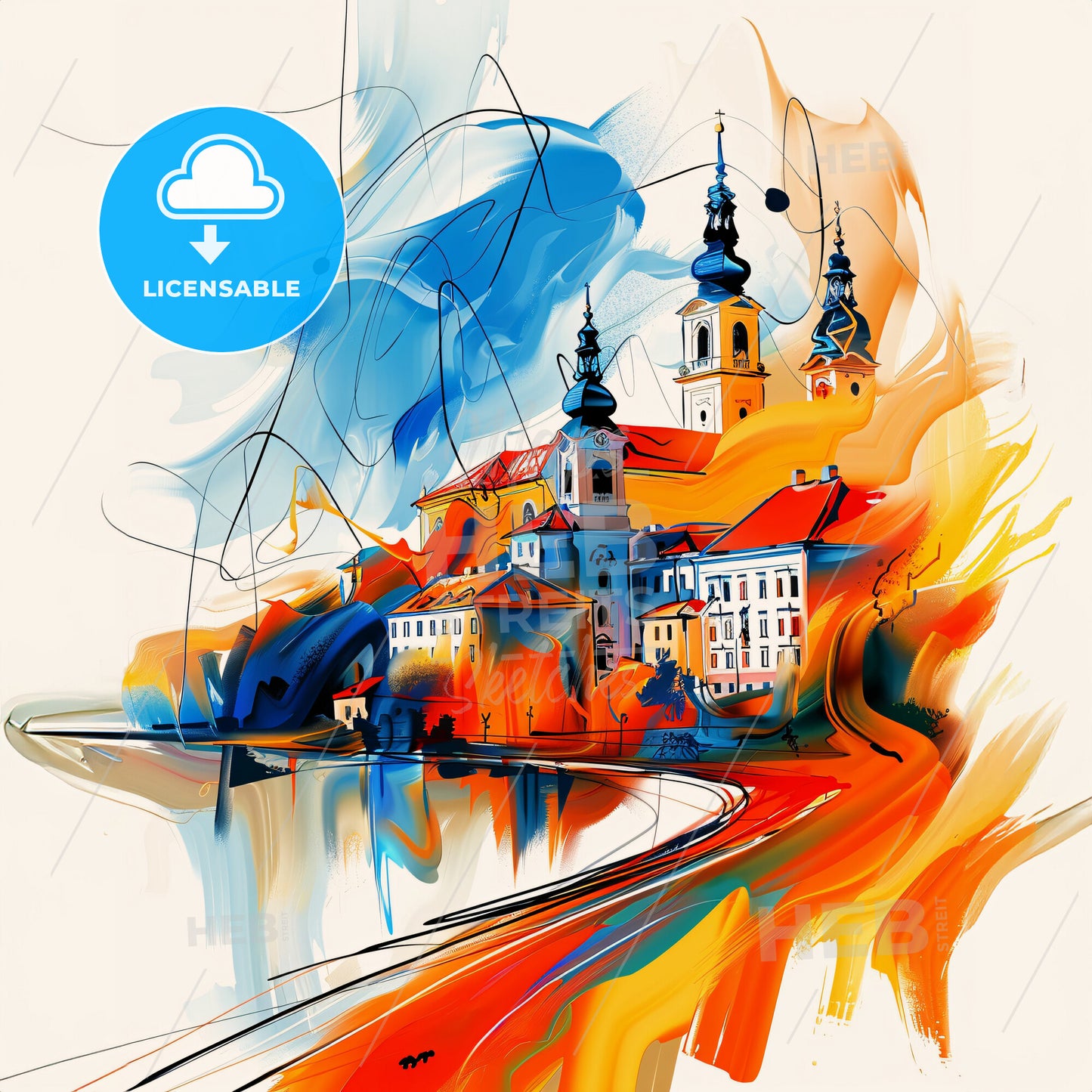 Vibrant Szolnok, Hungary - A Painting Of A Town With Buildings And A River
