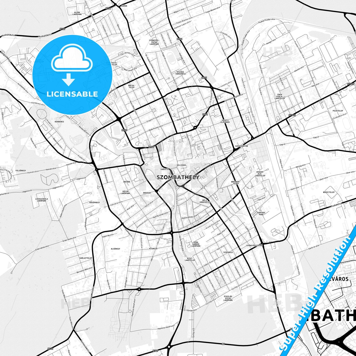 Szombathely, Hungary Light Map with Street Names, City Names, and Districts