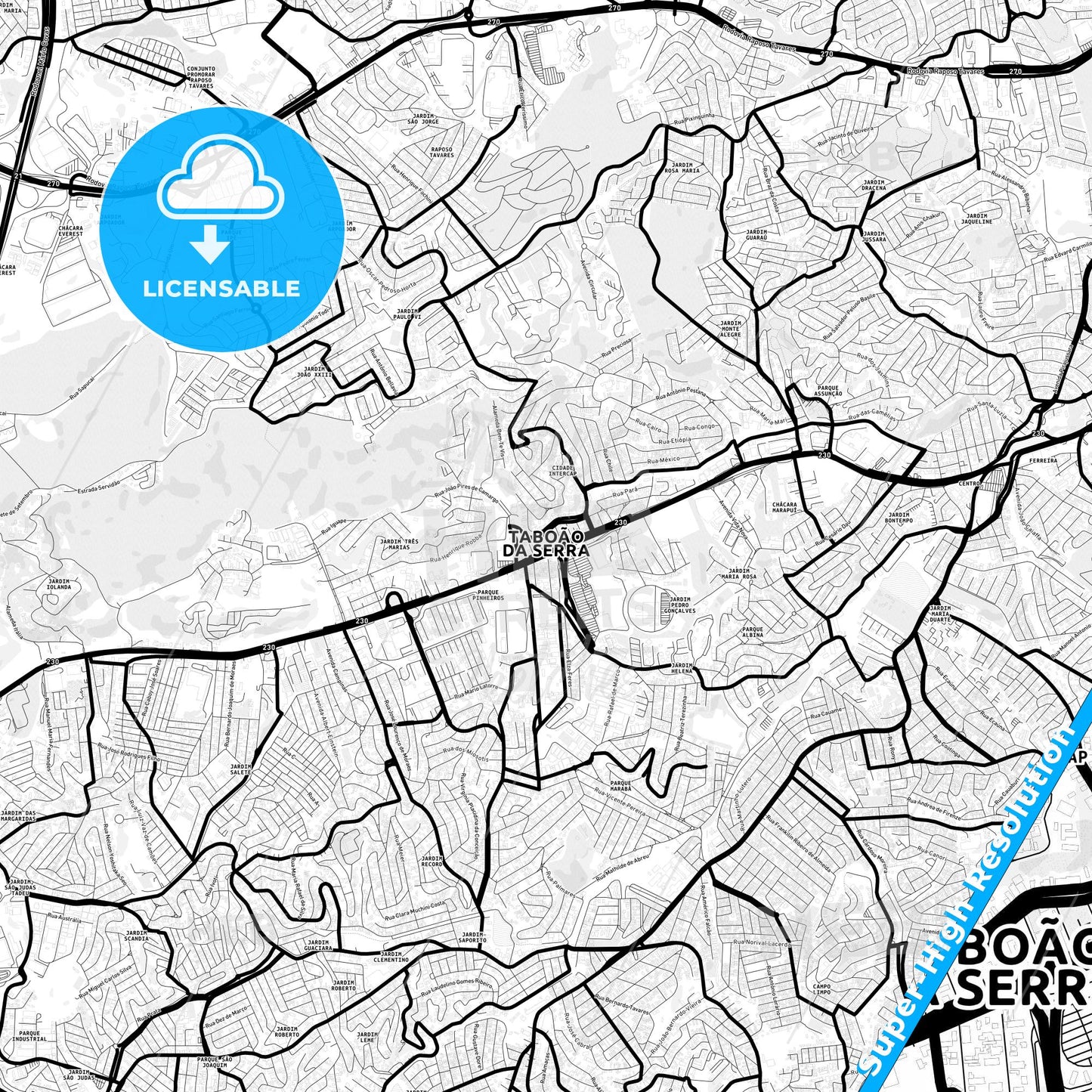 Taboao da Serra, Brazil Light Map with Street Names, City Names, and Districts
