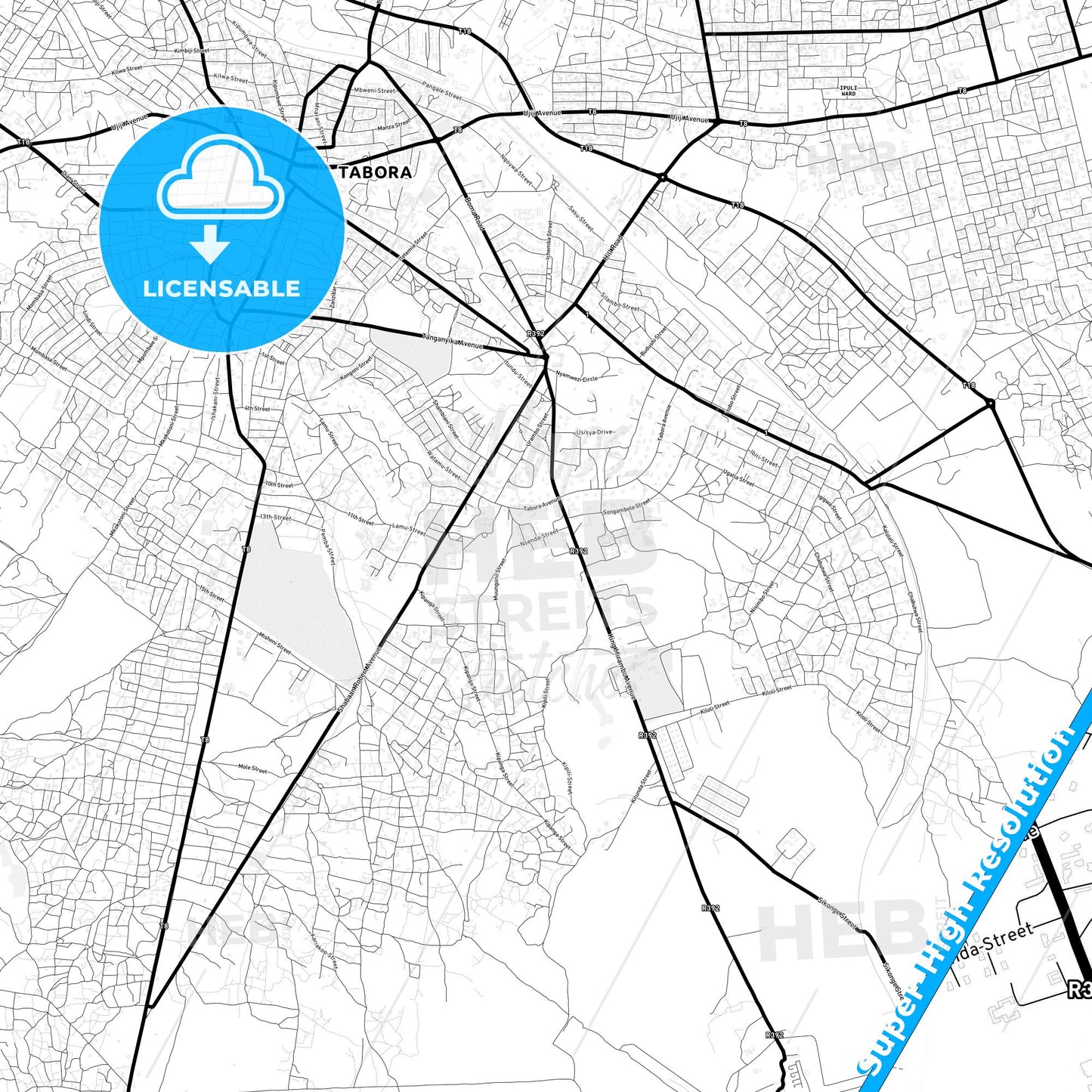 Tabora, Tanzania Light Map with Street Names, City Names, and Districts