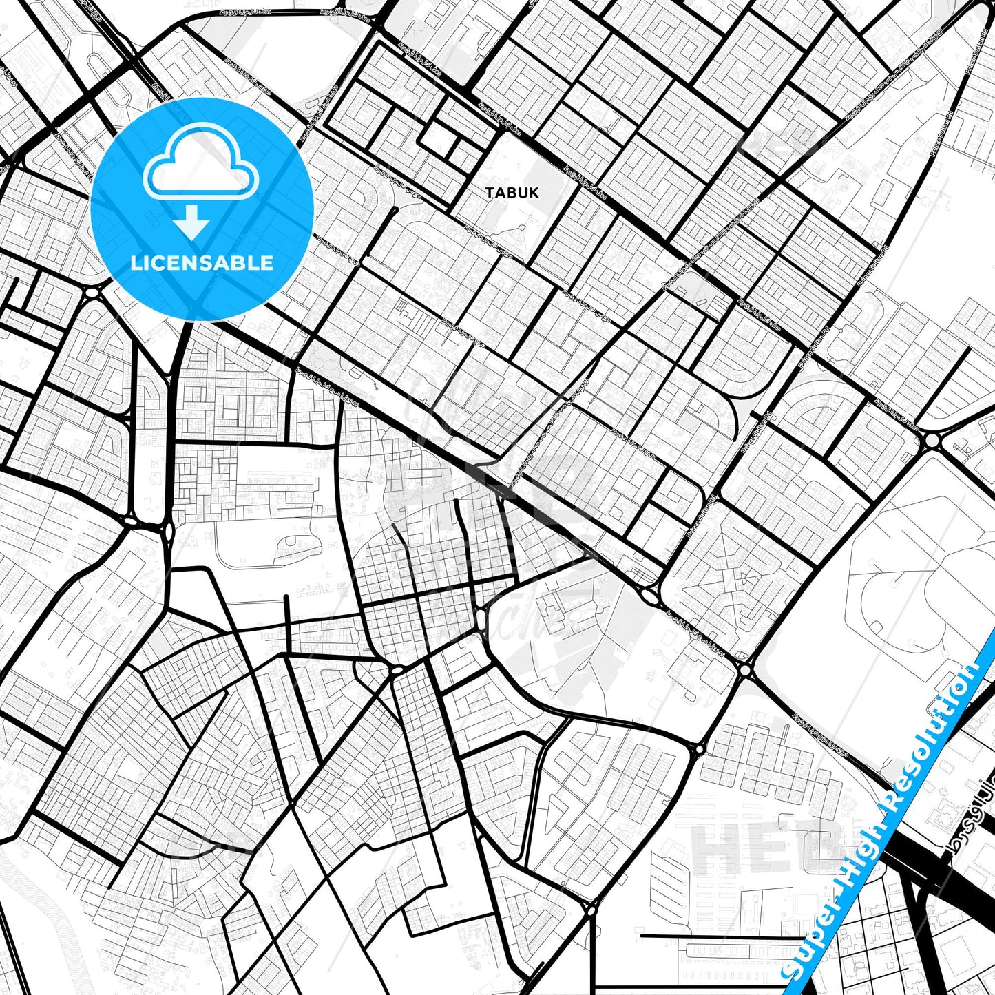 Tabuk, Saudi Arabia Light Map with Street Names, City Names, and Districts