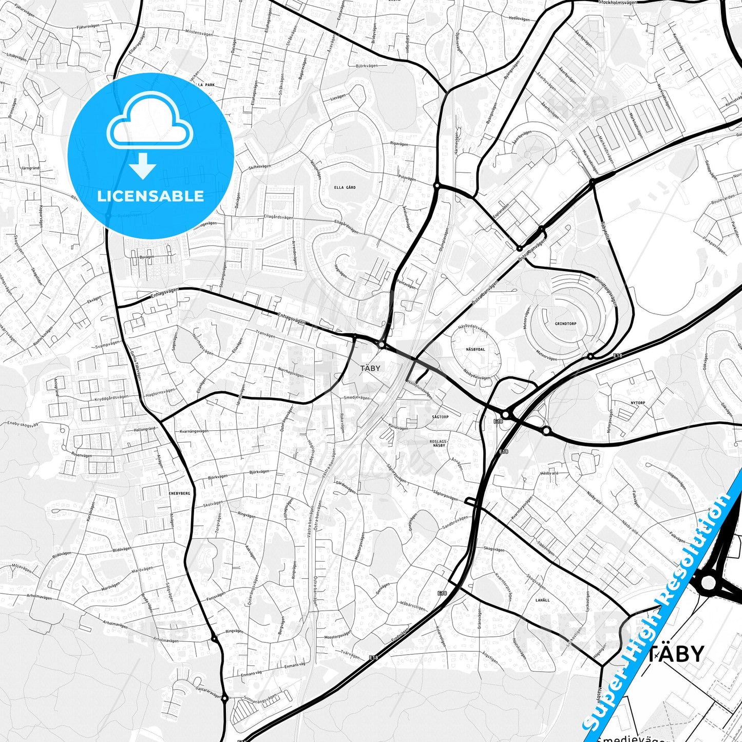 Täby, Sweden Light Map with Street Names, City Names, and Districts