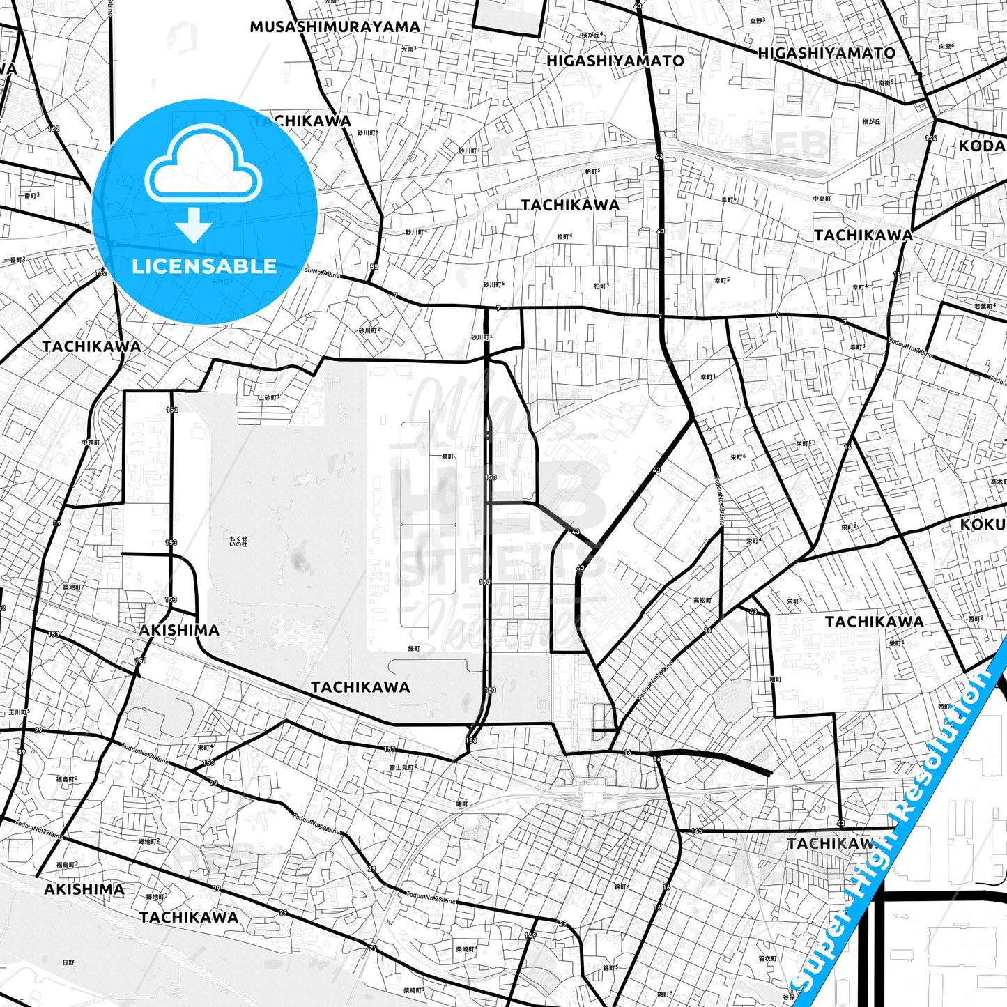 Tachikawa, Japan Light Map with Street Names, City Names, and Districts