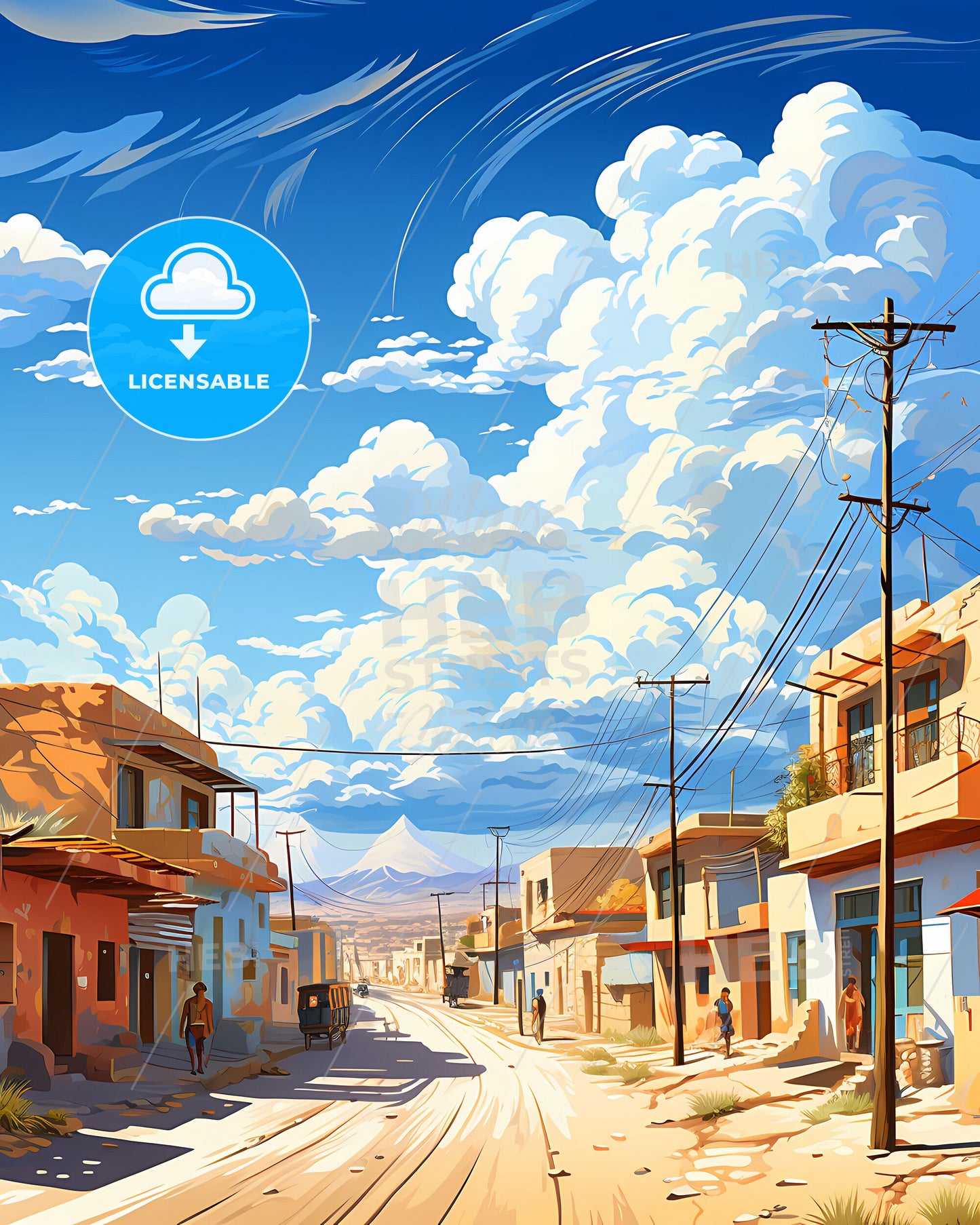 Tacna Peru Skyline Cityscape Painting Vibrant Art Buildings Mountain