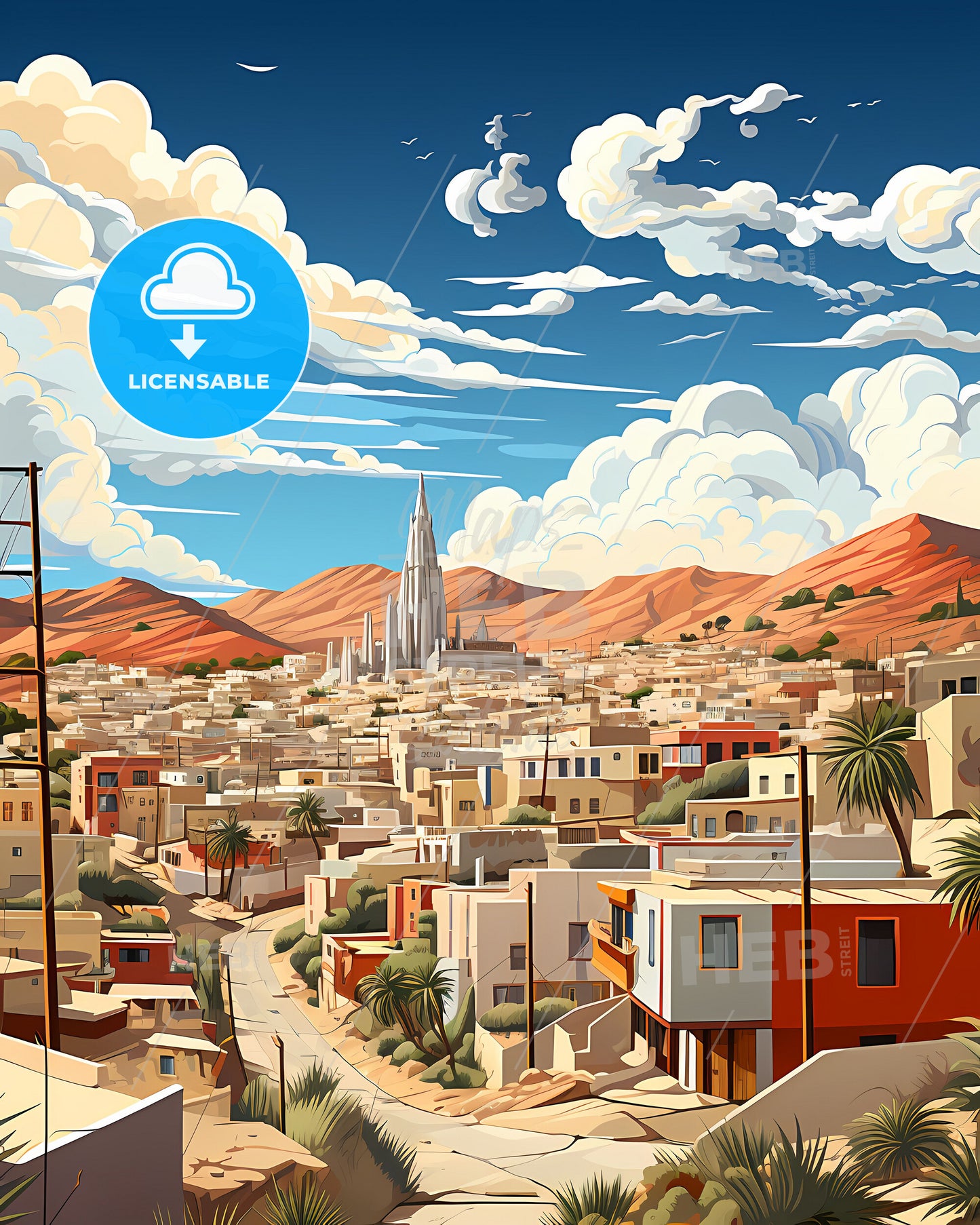 Tacna Peru City Skyline with Tall Tower Painting, Vibrant Artwork