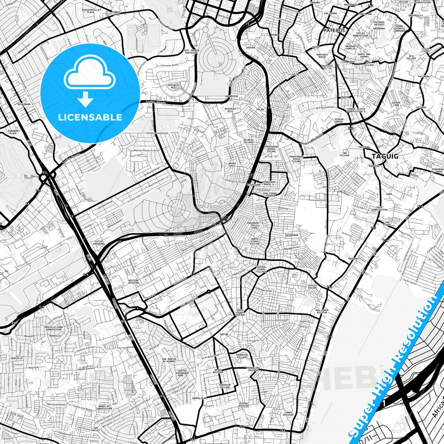 Taguig, Philippines Light Map with Street Names, City Names, and Districts