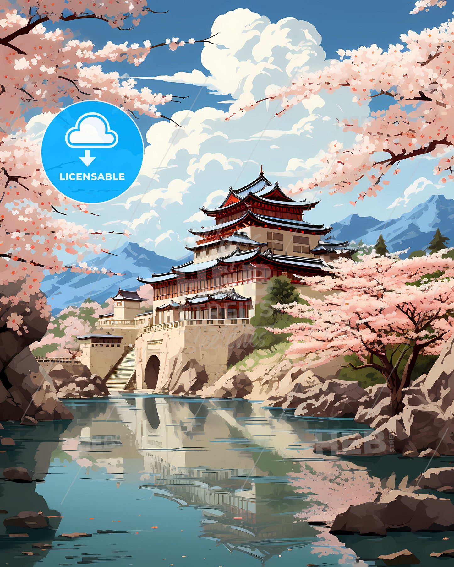 Colorful Abstract Artwork of Taif Cityscape with Buildings, River, and Trees