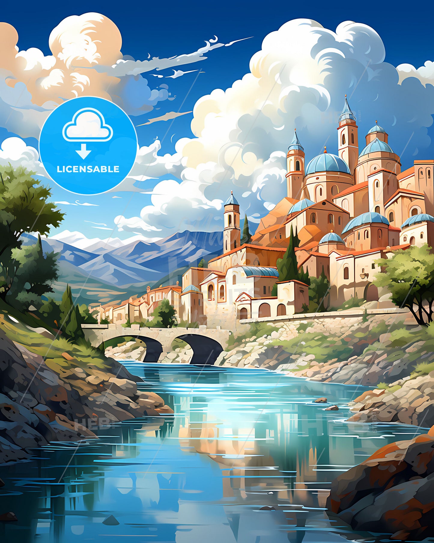 Vibrant Expressionist Painting of a Majestic Castle Towering over a Tranquil River in Taif Saudi Arabia