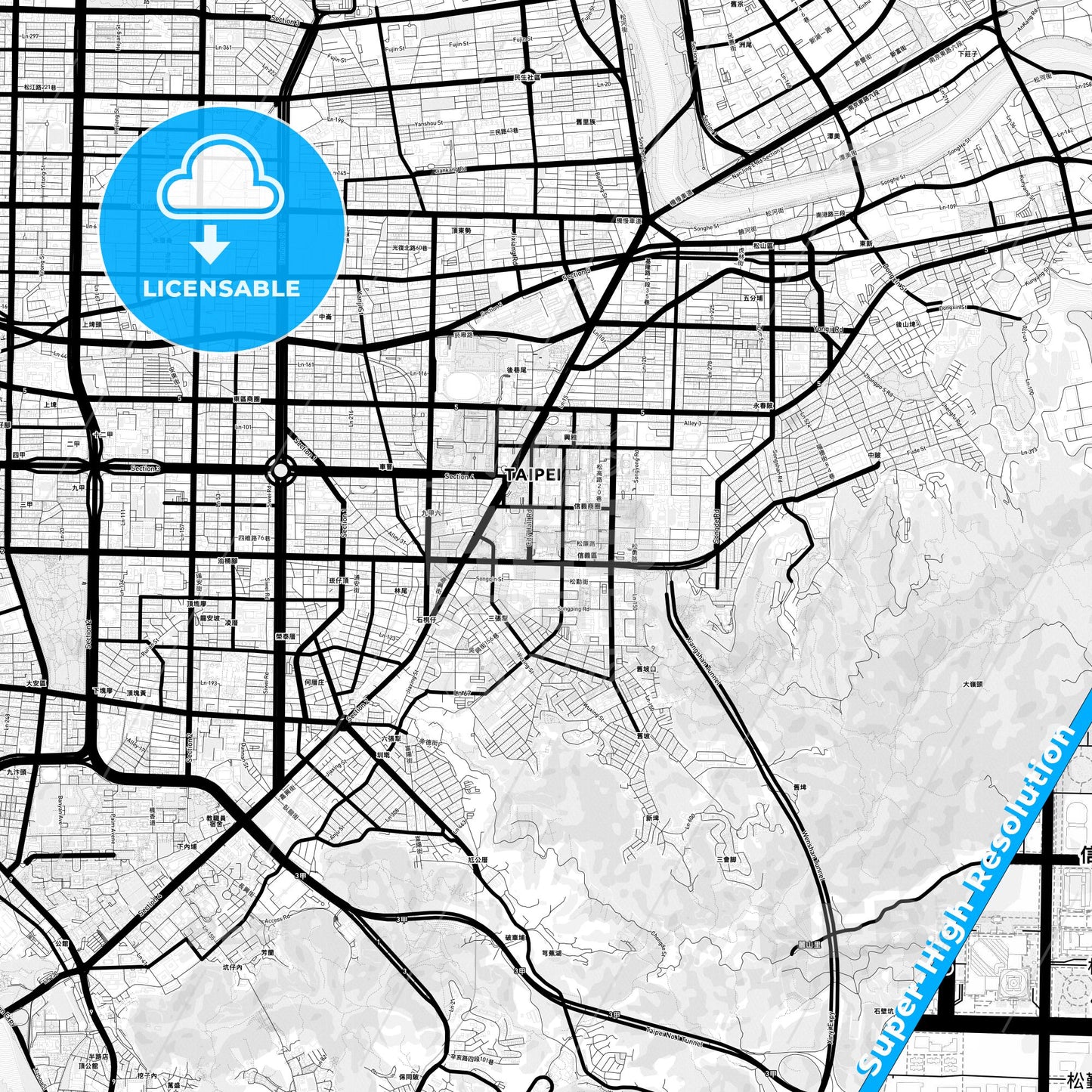 Taipei, Taiwan Light Map with Street Names, City Names, and Districts