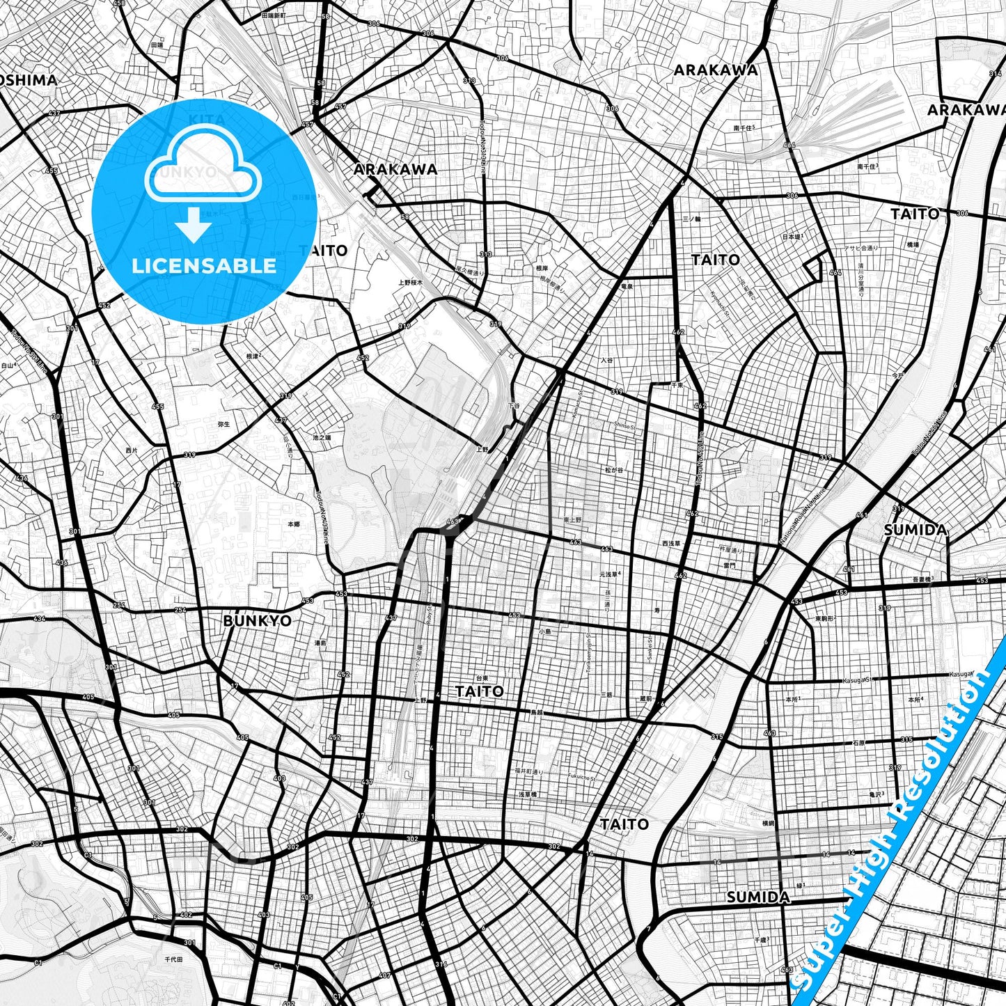 Taitō, Japan Light Map with Street Names, City Names, and Districts