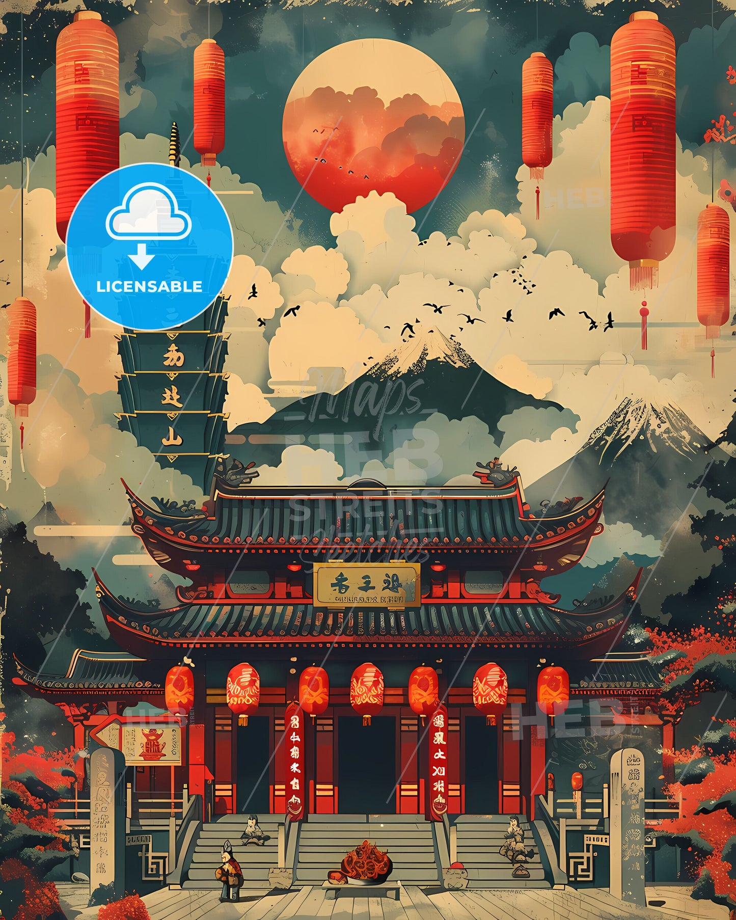 Vibrant Painting, Taiwan, East Asia, Mountains, Building, Lanterns, Art