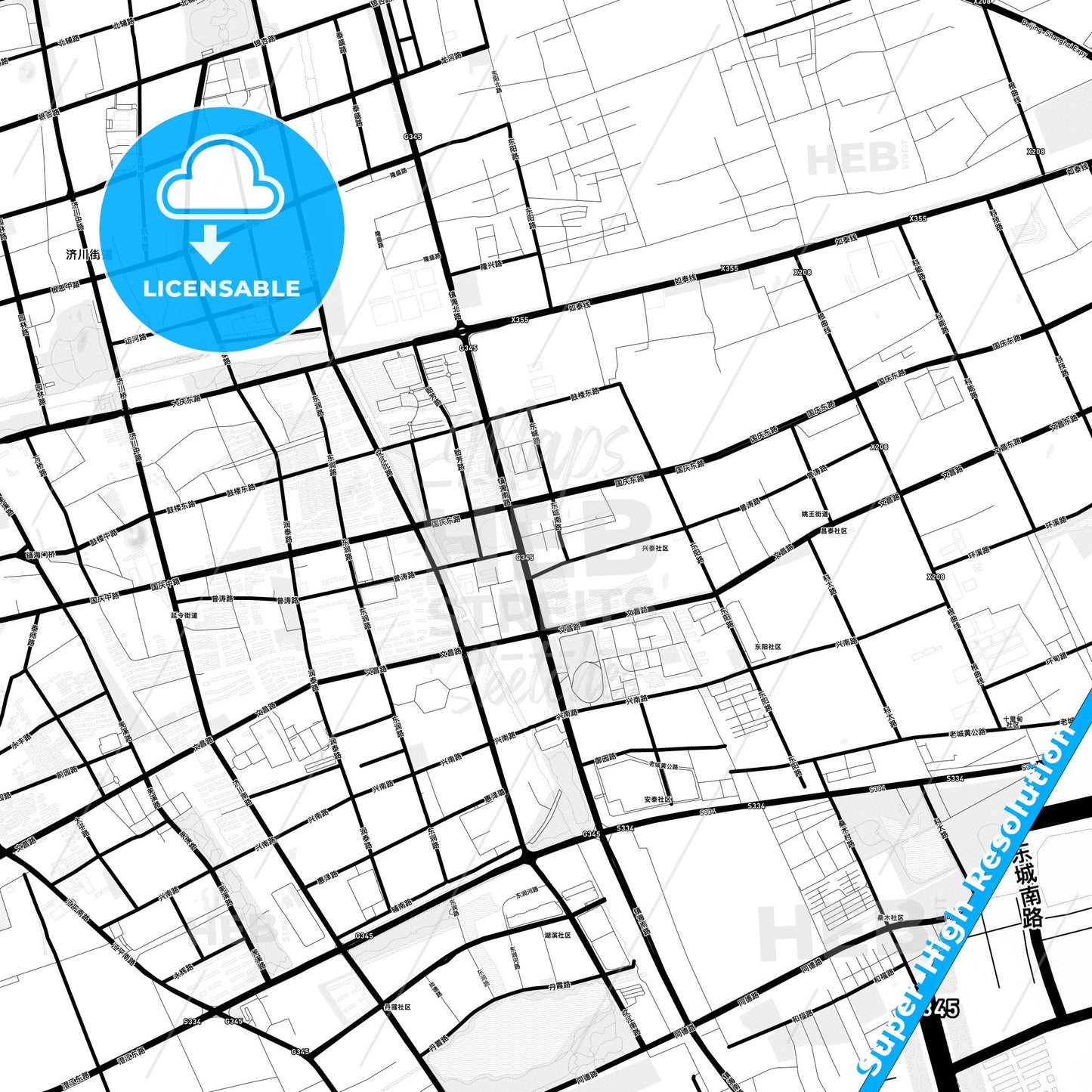 Taixing, China Light Map with Street Names, City Names, and Districts
