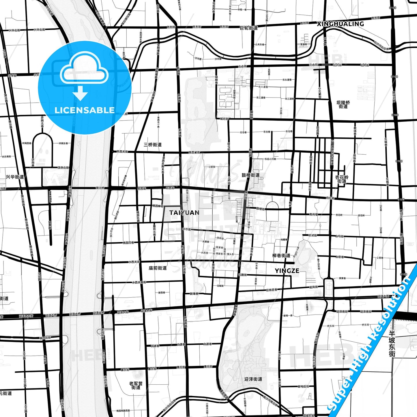 Taiyuan, China Light Map with Street Names, City Names, and Districts