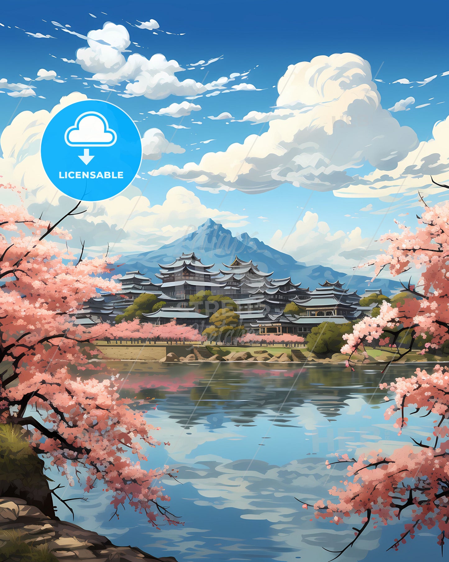 Vibrant Taiyuan Lake Panorama with Pink Flowers and Buildings Skyline