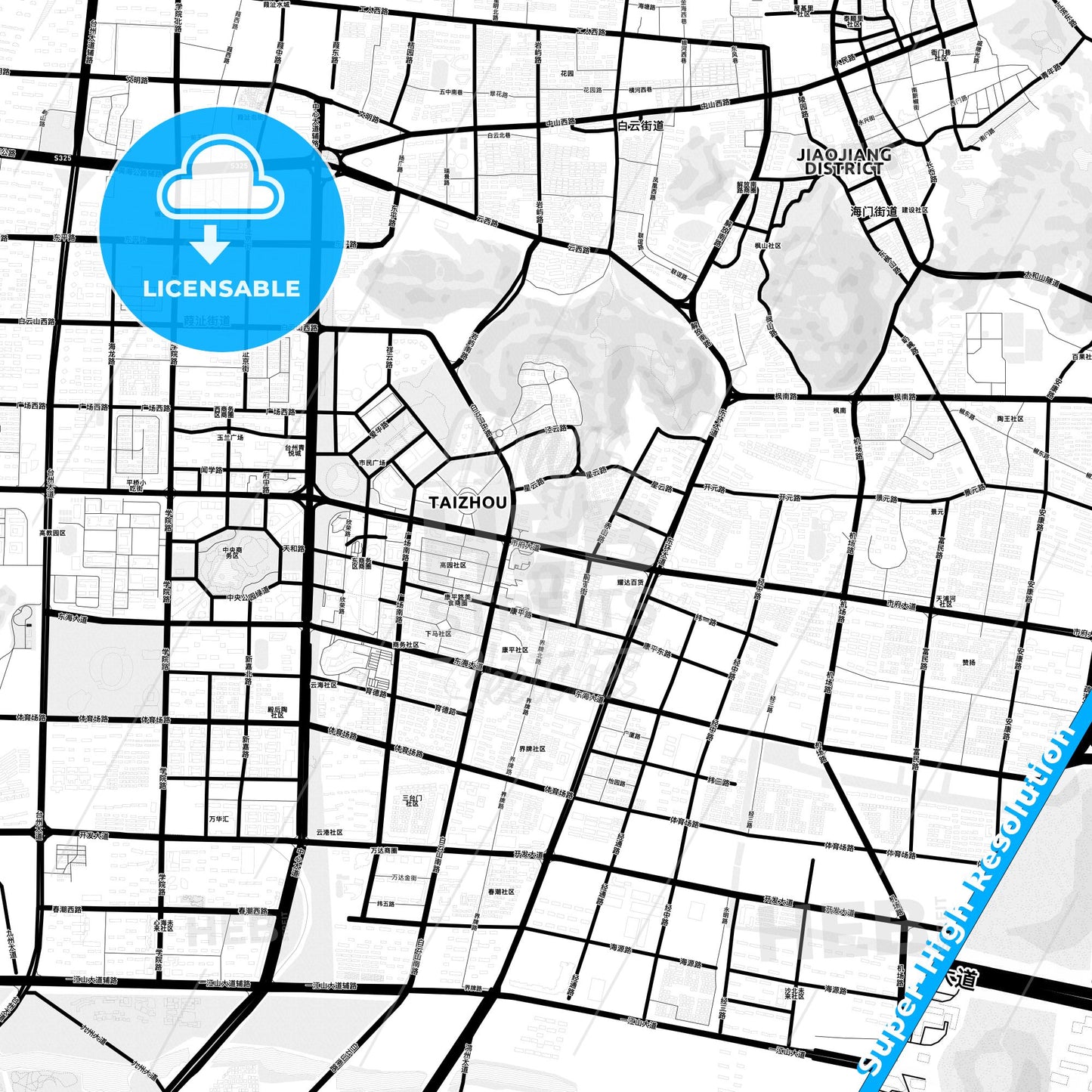 Taizhou, China Light Map with Street Names, City Names, and Districts