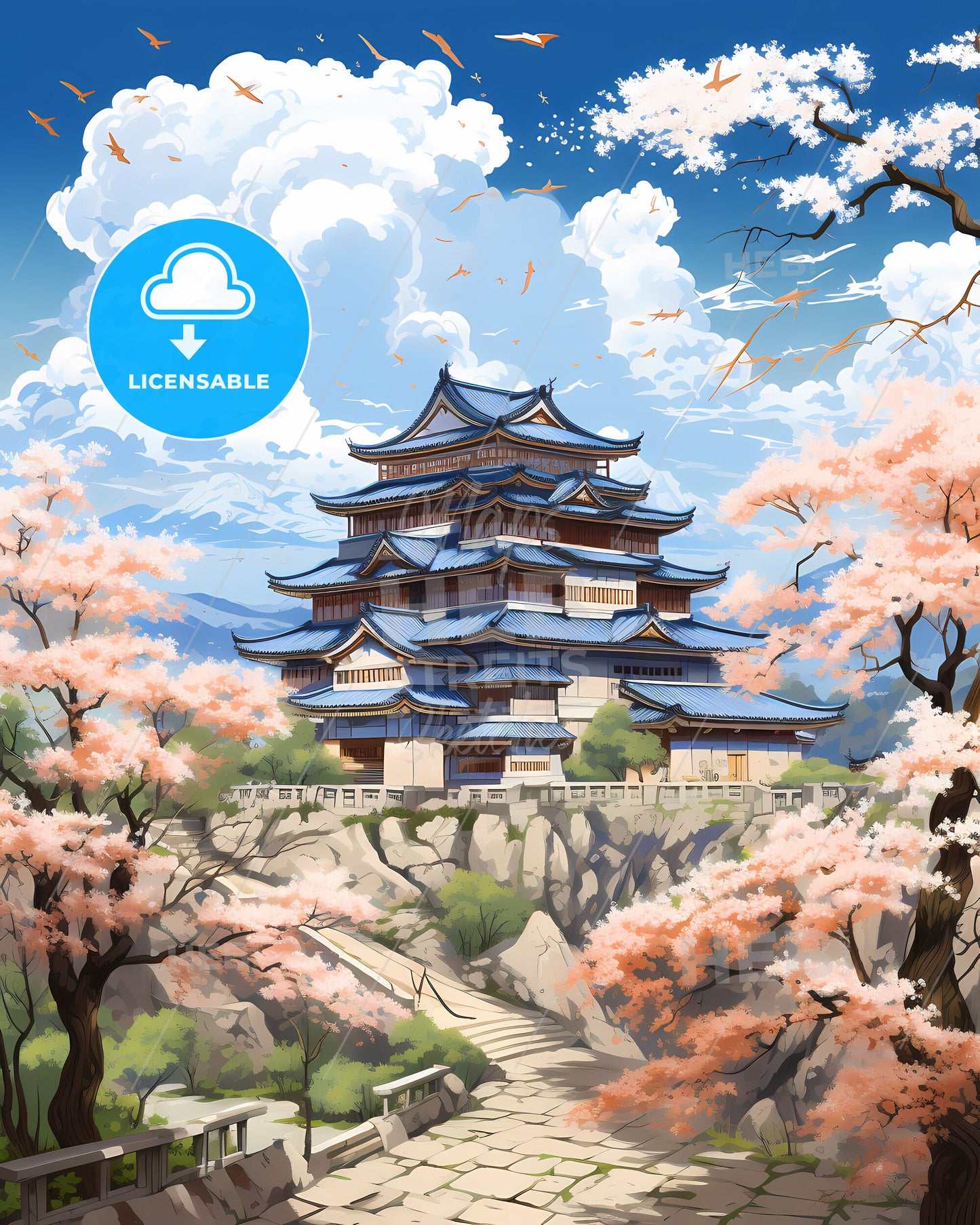 Vibrant Watercolor Painting of Taizhou Cityscape with Hilltop Buildings and Pink Trees