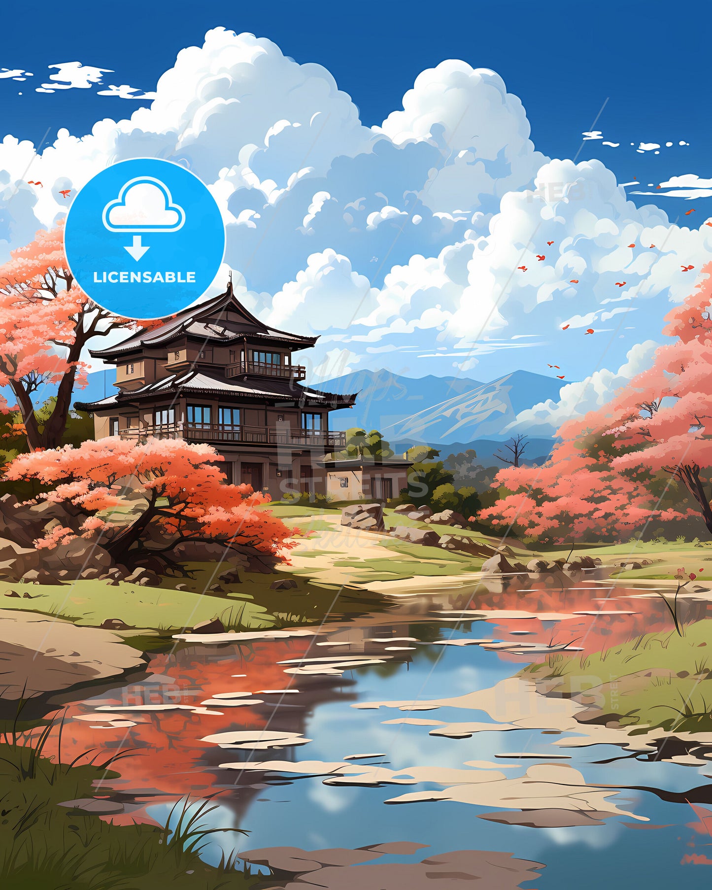 Taizhou China Skyline Urban Pond Cityscape Painting Landscape Modern Art Vibrant Colors