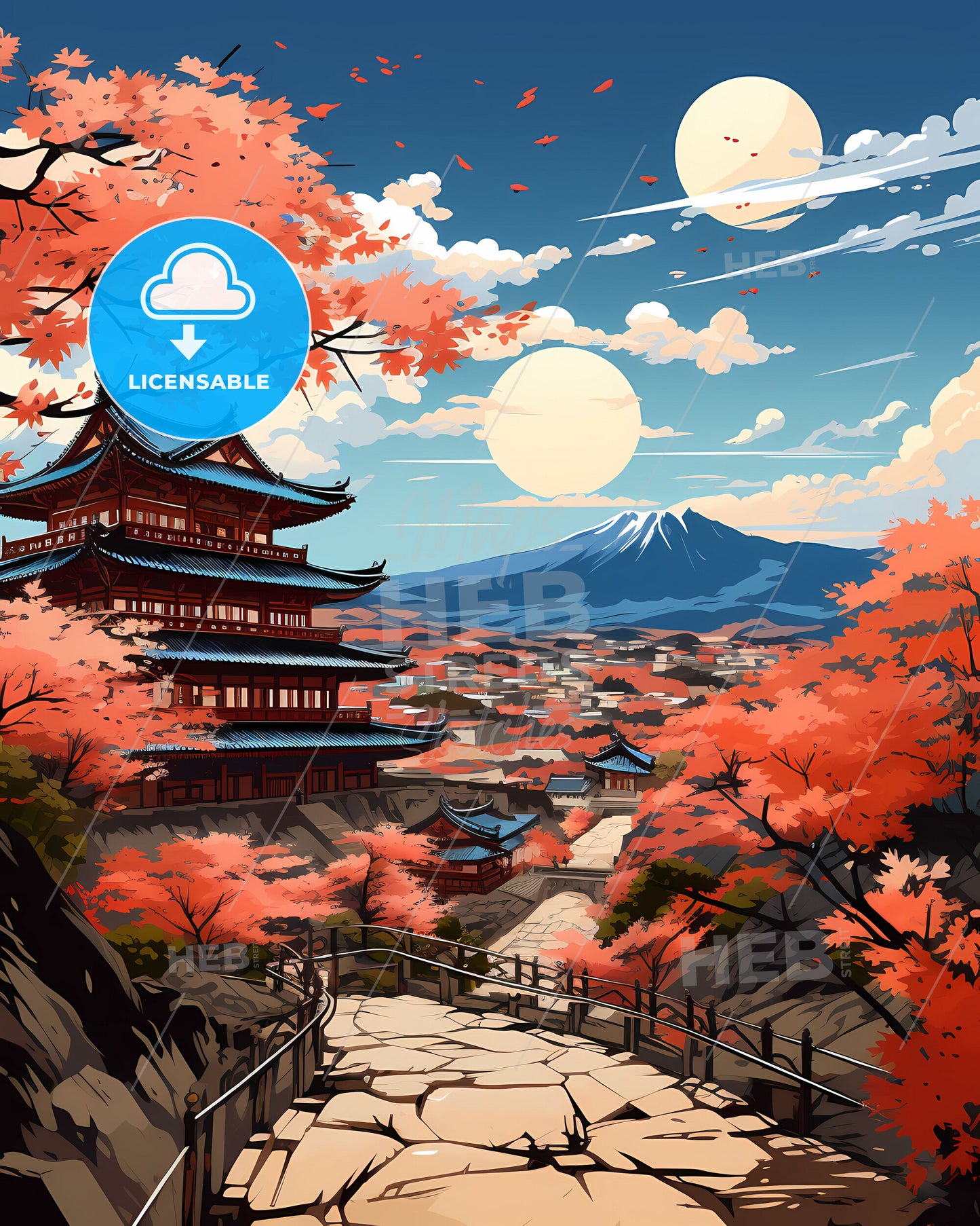 Taizhou China Skyline Painting - Vibrant Cityscape with Pagoda and Mountain View