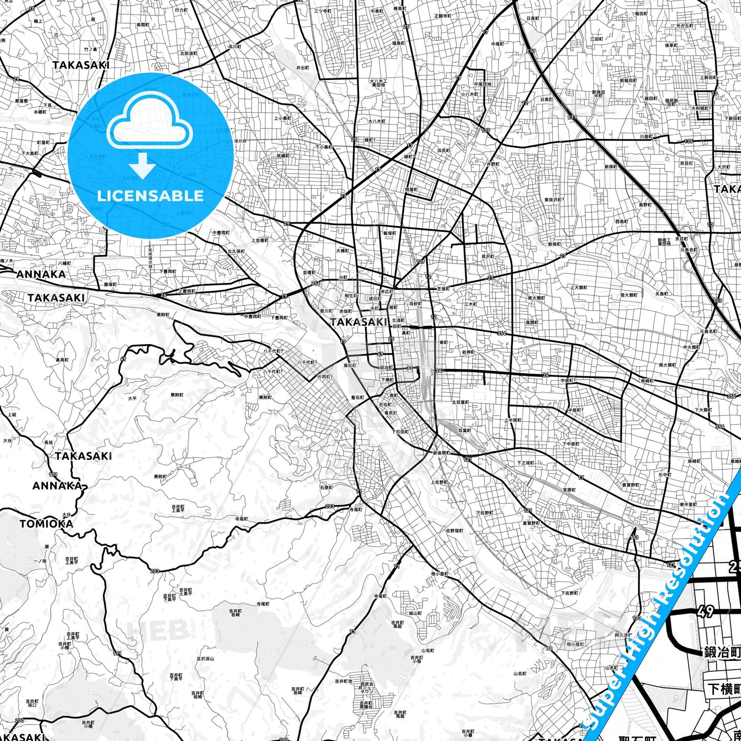 Takasaki, Japan Light Map with Street Names, City Names, and Districts