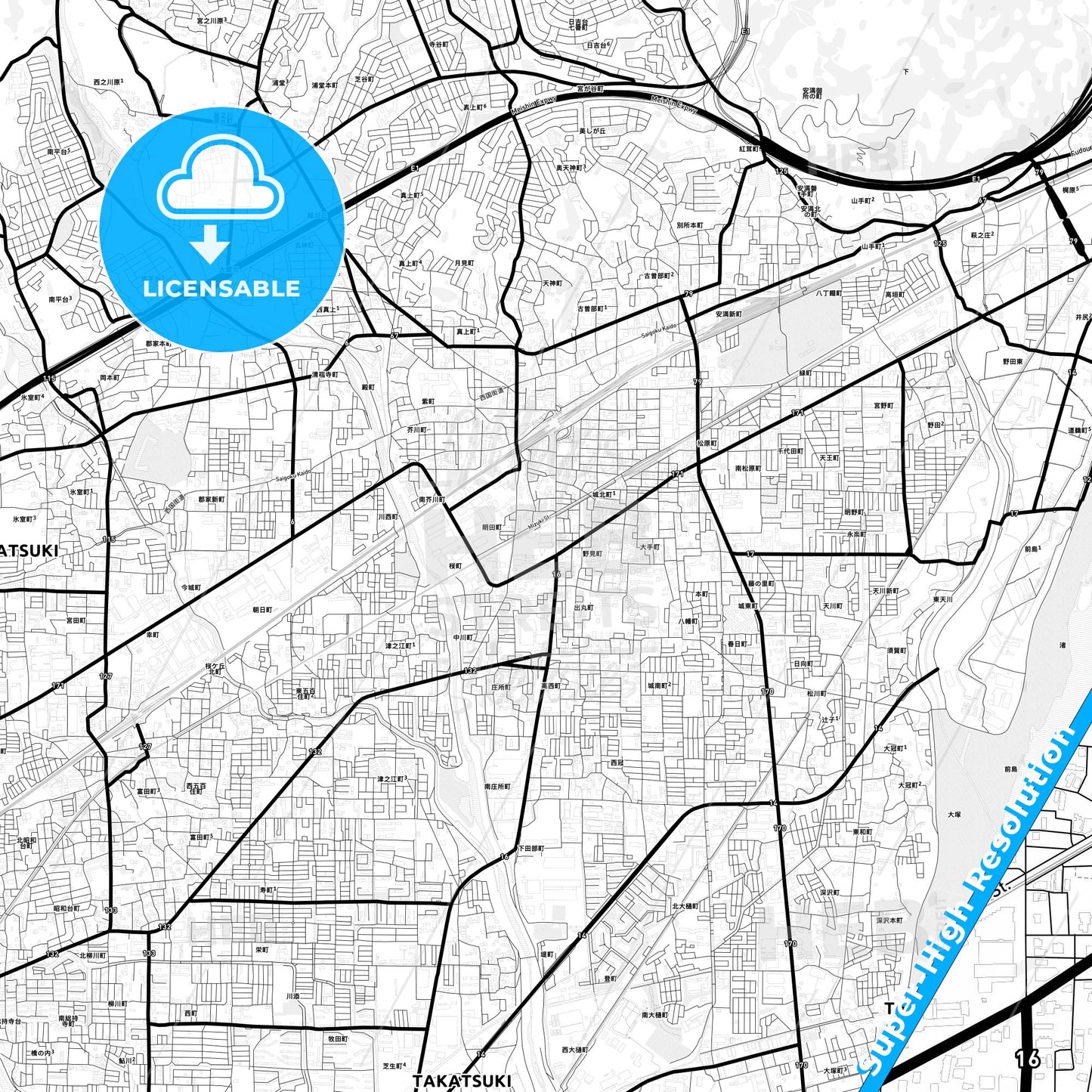 Takatsuki, Japan Light Map with Street Names, City Names, and Districts