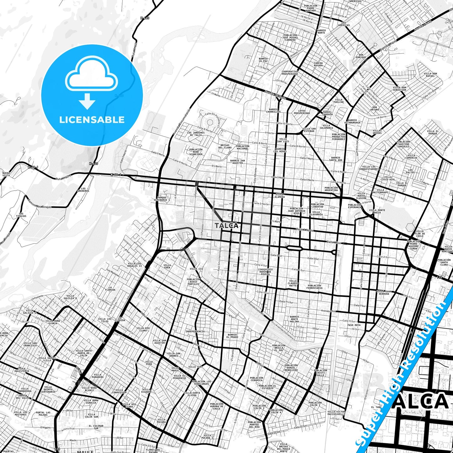 Talca, Chile Light Map with Street Names, City Names, and Districts