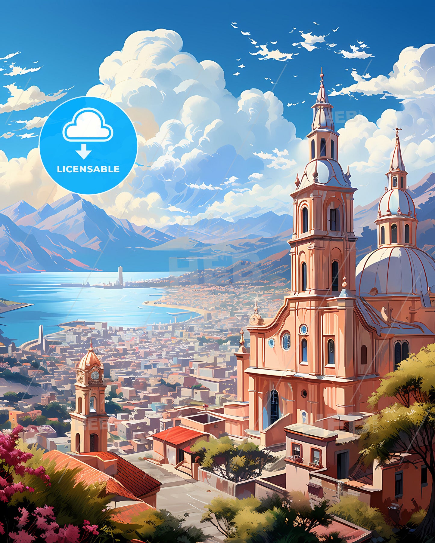 Talcahuano, Chile vibrant skyline painting, featuring a stunning large building with towers and a cityscape backdrop, showcasing the city's vibrant art scene