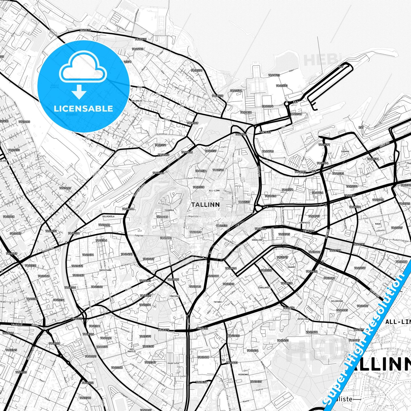 Tallinn, Estonia Light Map with Street Names, City Names, and Districts