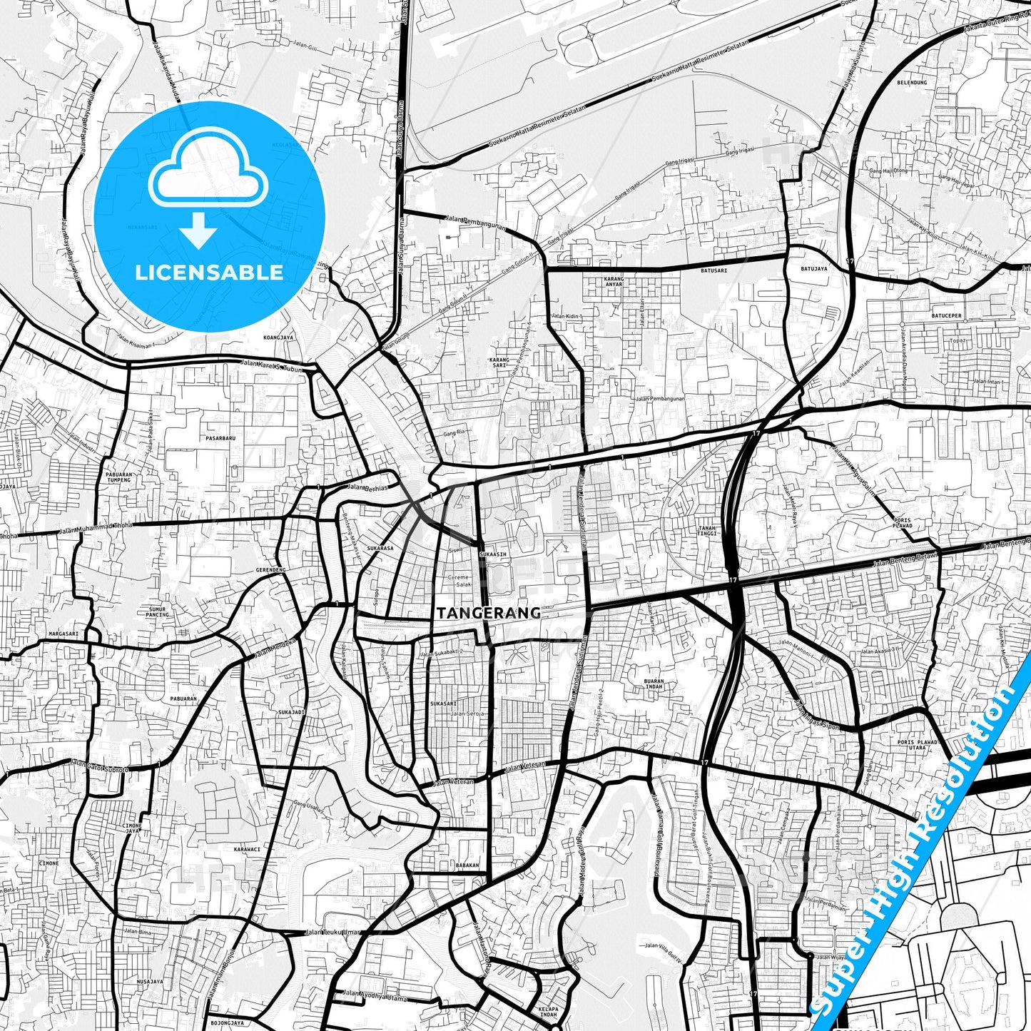 Tangerang, Indonesia Light Map with Street Names, City Names, and Districts