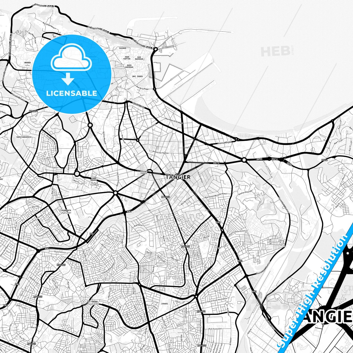 Tangier, Morocco Light Map with Street Names, City Names, and Districts