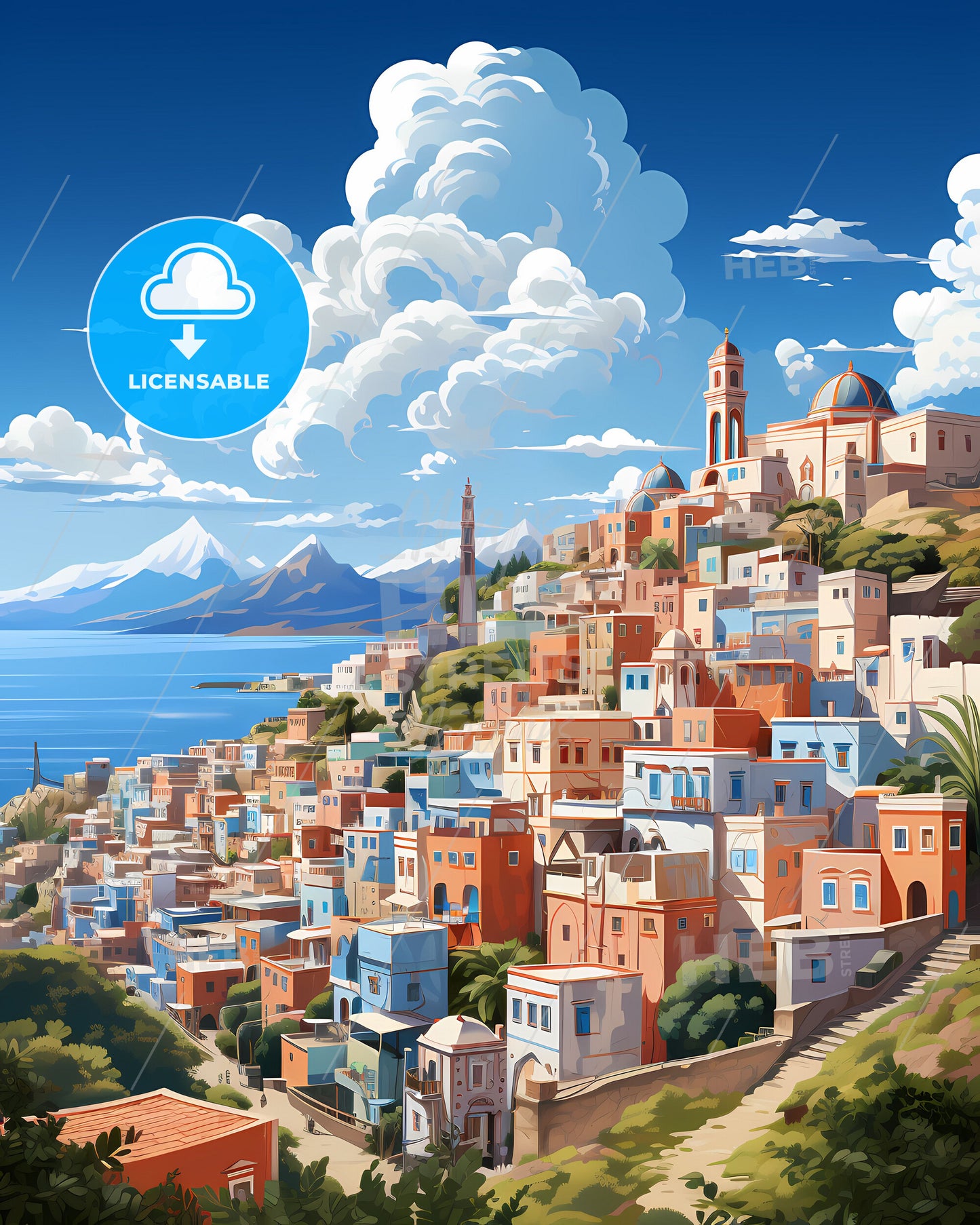 Colorful Art Cityscape of Tangier Morocco, Hilltop City by the Sea