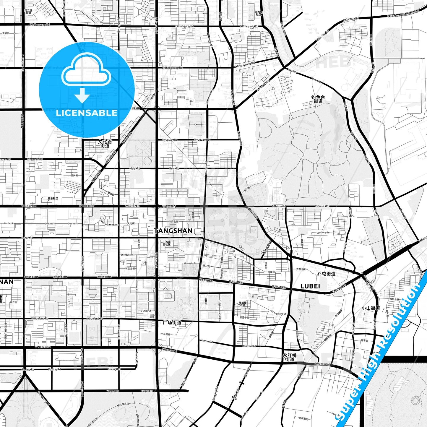 Tangshan, China Light Map with Street Names, City Names, and Districts