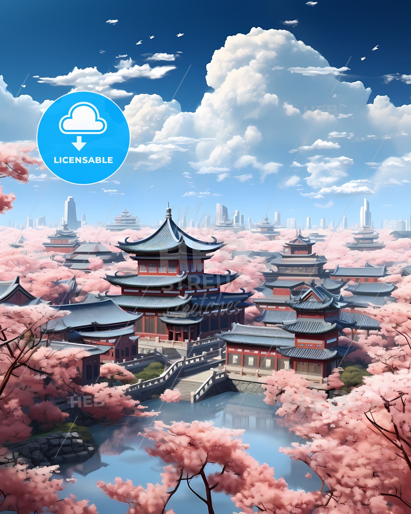 Tangshan City Skyline Art Print, Vibrant Painting Depicting Architecture, Trees, and Urban Landscape