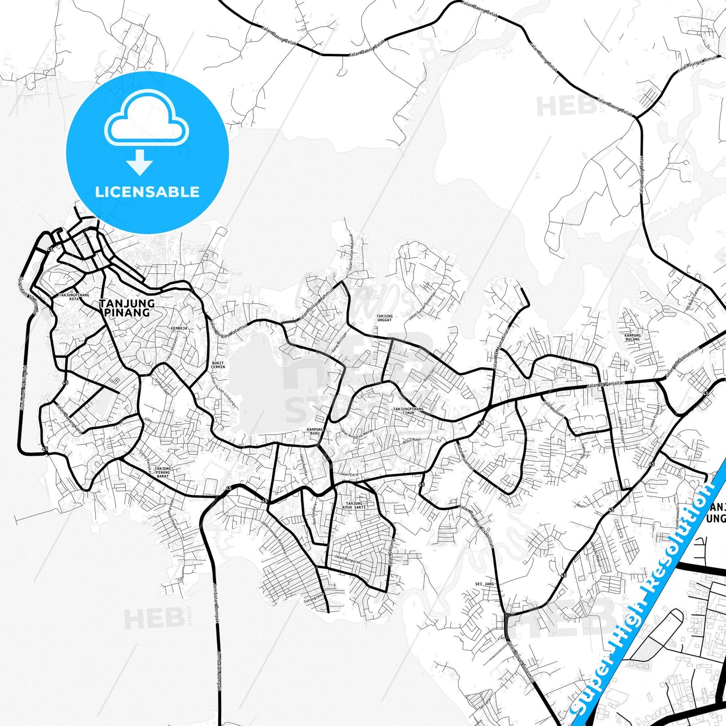 Tanjung Pinang, Indonesia Light Map with Street Names, City Names, and Districts