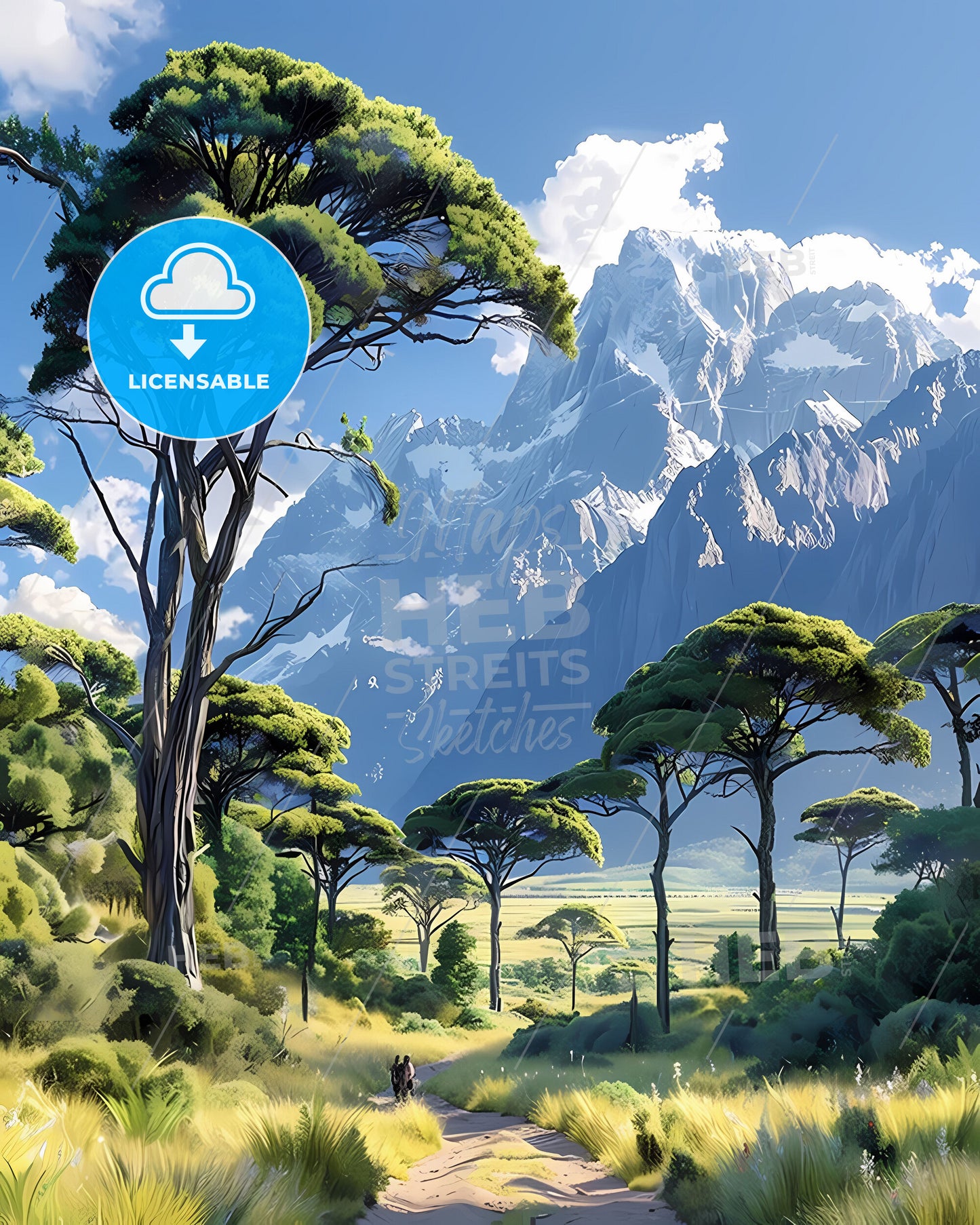 Painting of a Tanzanian Mountain Range Landscape with Vibrant Colors and Brushstrokes