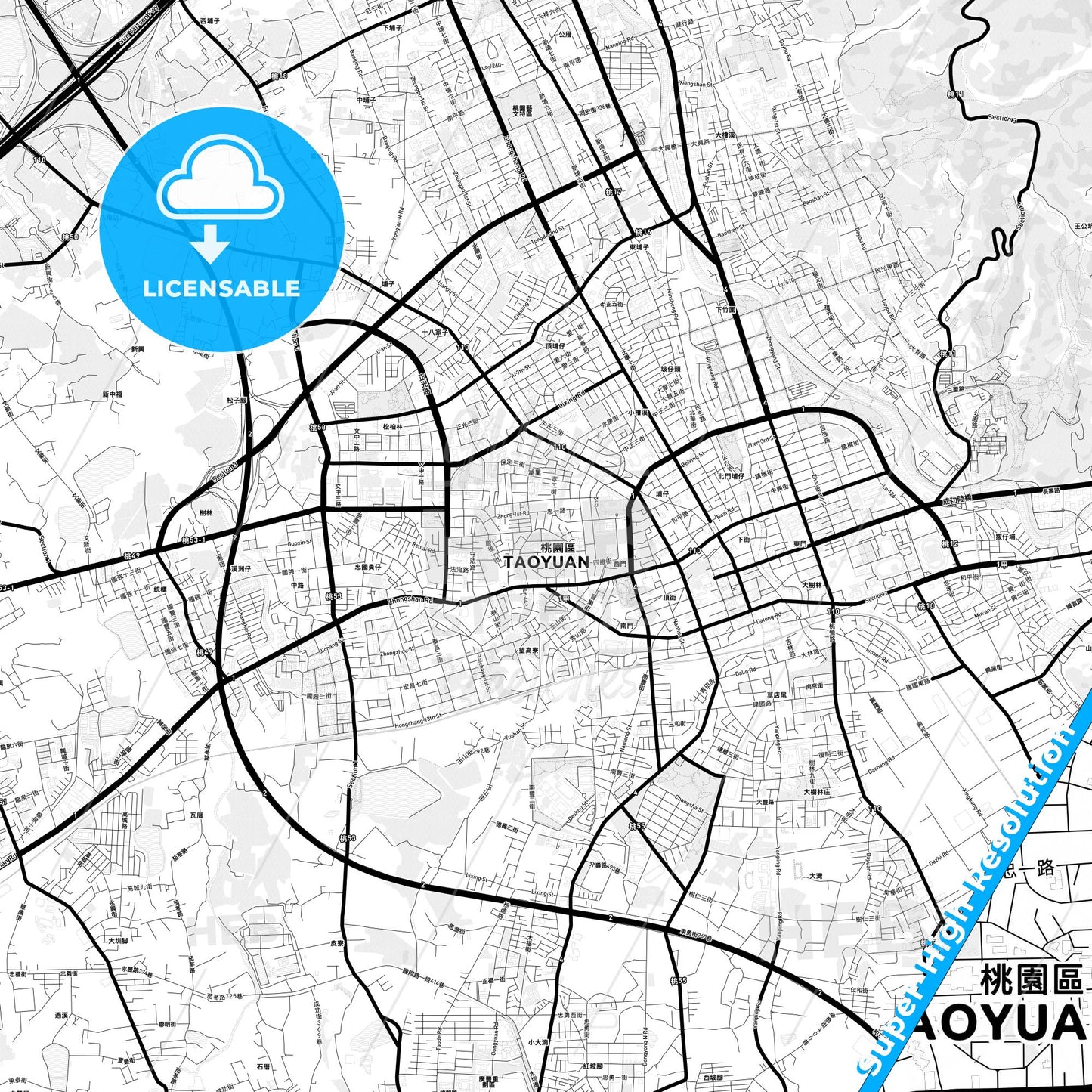 Taoyuan, Taiwan Light Map with Street Names, City Names, and Districts